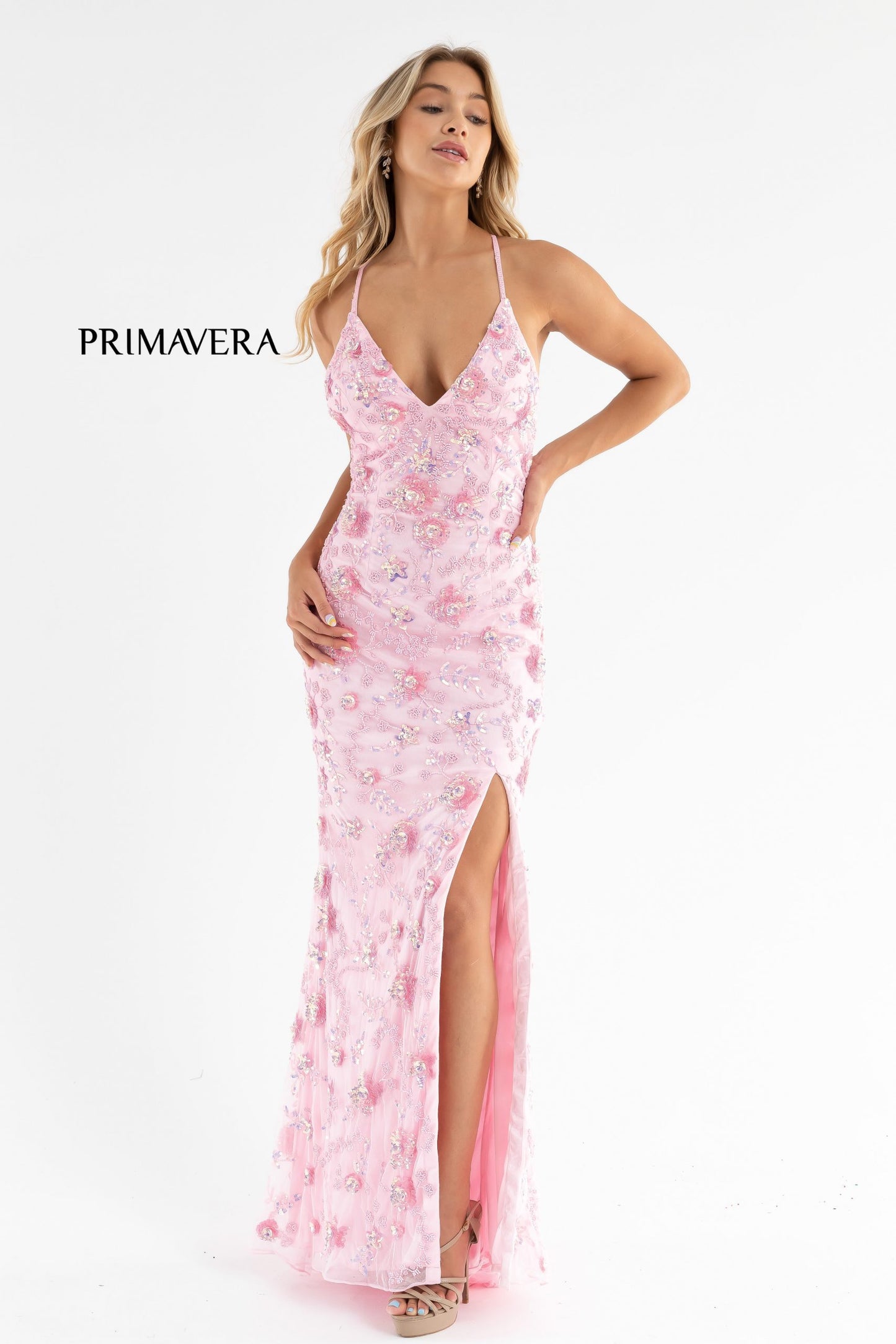 Primavera Couture 3731 Size 0 3D Flowers Prom Dress Sequins with a V Neckline Slit Open Back