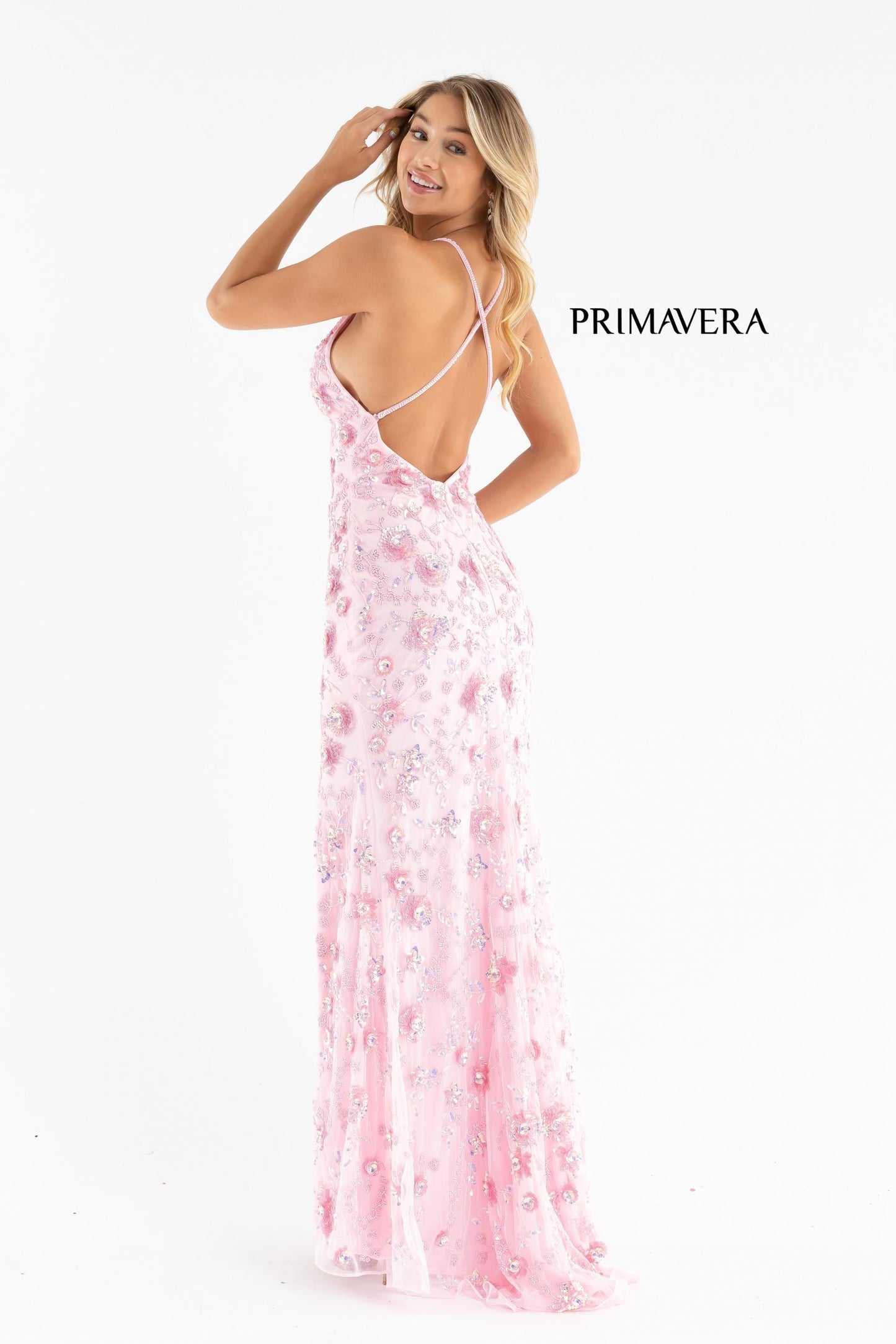 Primavera Couture 3731 Size 0 3D Flowers Prom Dress Sequins with a V Neckline Slit Open Back