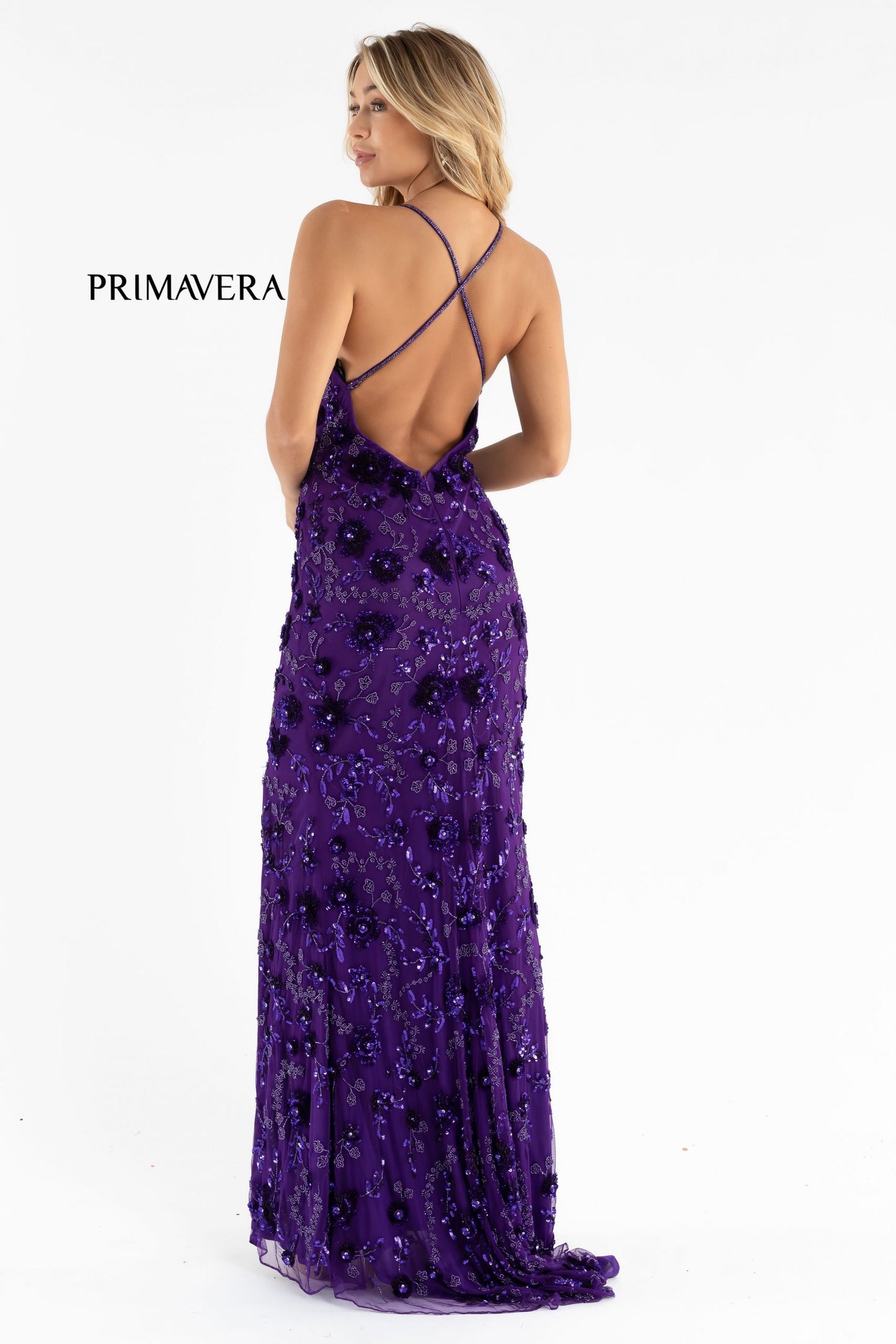 Primavera Couture 3731 Size 0 3D Flowers Prom Dress Sequins with a V Neckline Slit Open Back