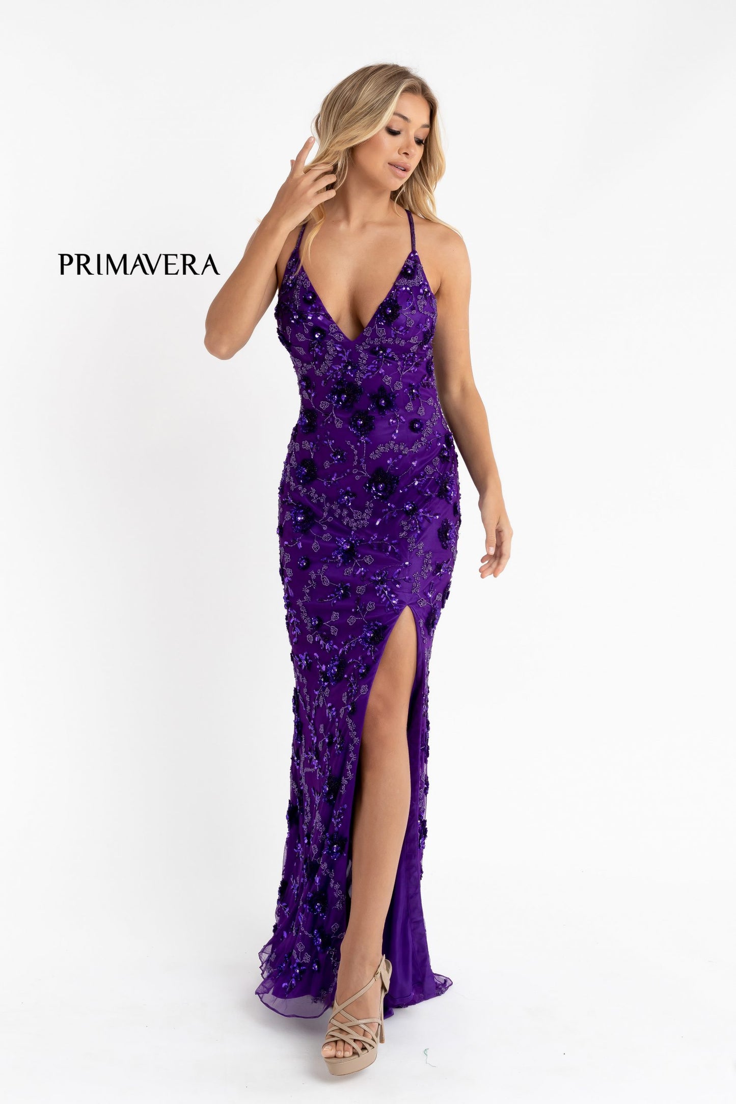 Primavera Couture 3731 Size 0 3D Flowers Prom Dress Sequins with a V Neckline Slit Open Back