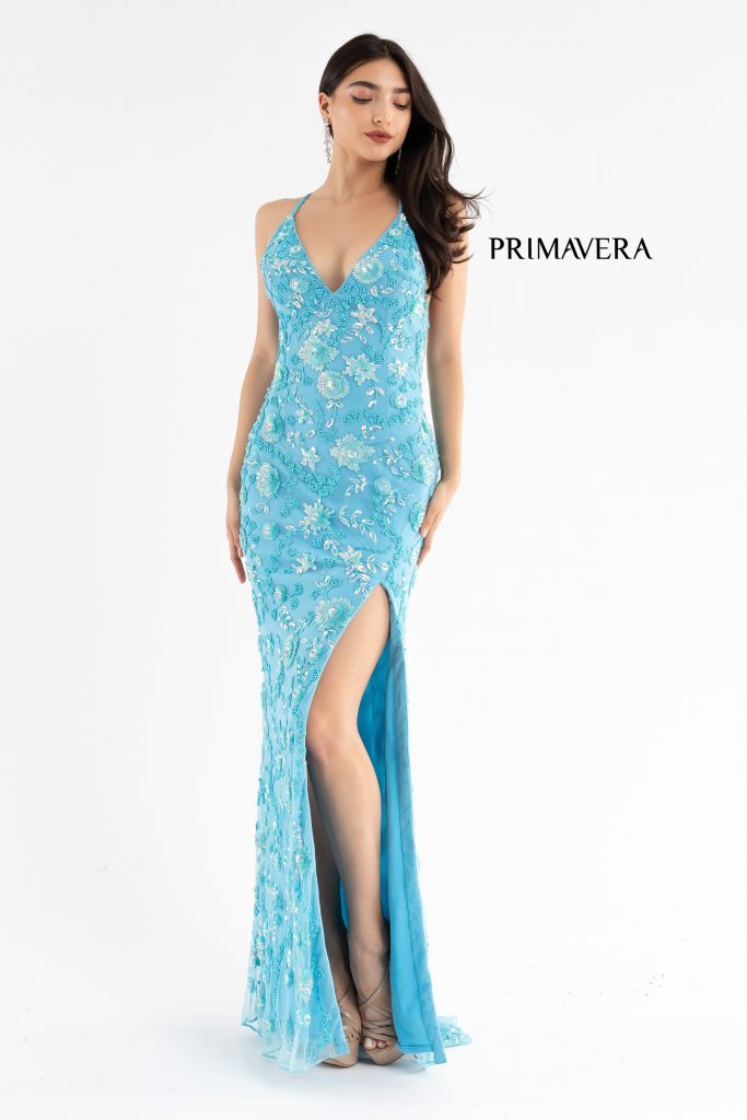 Primavera Couture 3731 Size 0 3D Flowers Prom Dress Sequins with a V Neckline Slit Open Back