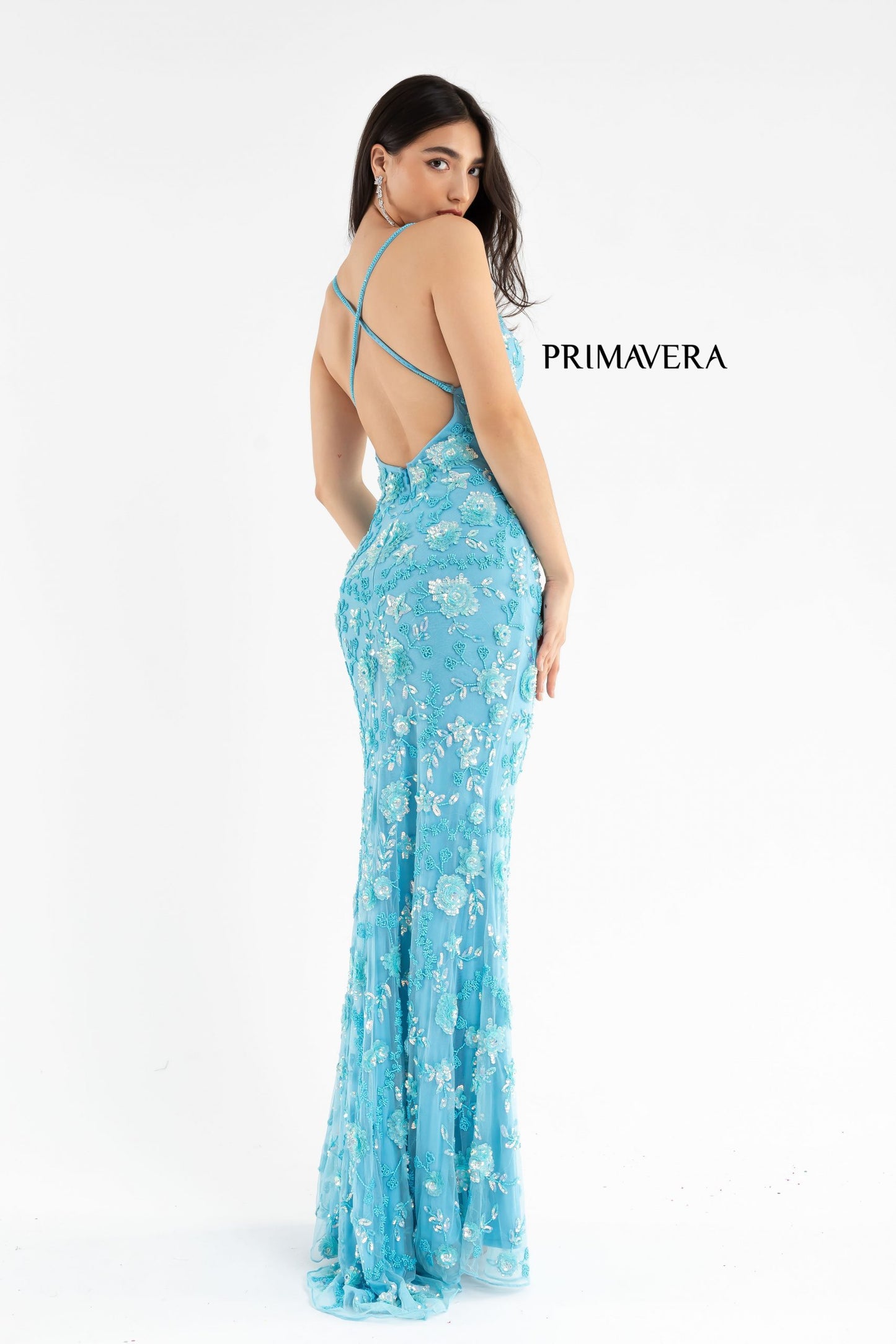 Primavera Couture 3731 Size 0 3D Flowers Prom Dress Sequins with a V Neckline Slit Open Back