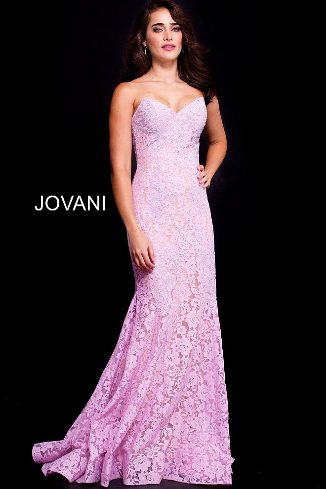 Jovani 37334 This beautiful, fitted, strapless lace dress features a sweetheart neckline. The top half of the trumpet dress is accessorized with rhinestones. Stretch nude lining with stretch lace overlay, heat set stones, form fitting, strapless. Available Sizes: 00,0,2,4,6,8,10,12,14,16,18,20,22,24  Available Colors: BLACK, BRIGHT PINK, DUSTY PINK, EMERALD, FUCHSIA, IVORY, LIGHT-BLUE, LILAC, MAUVE, NAVY, PERRIWINKLE, RED, ROYAL