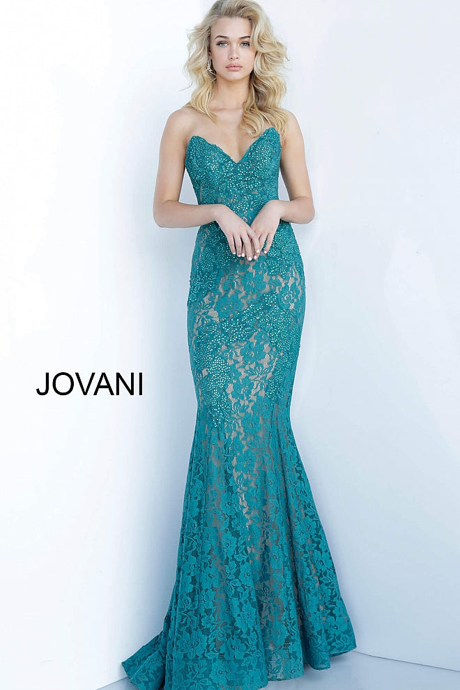 Jovani 37334 embellished lace prom dress peak point neckline Fitted Mermaid Strapless