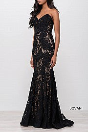 Jovani 37334 embellished lace prom dress peak point neckline Fitted Mermaid Strapless