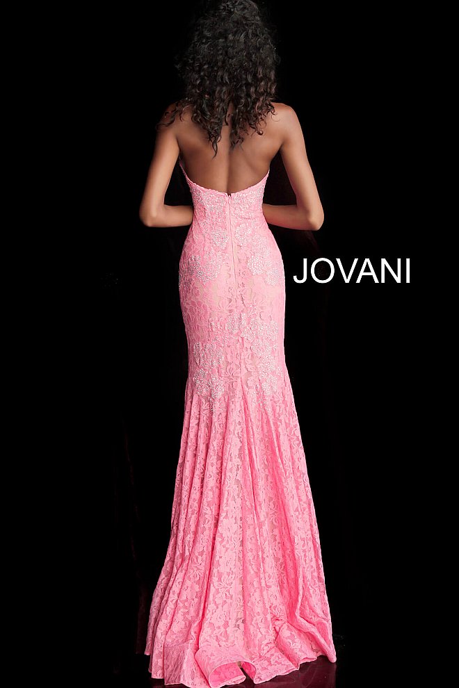 Jovani 37334 This beautiful, fitted, strapless lace dress features a sweetheart neckline. The top half of the trumpet dress is accessorized with rhinestones. Stretch nude lining with stretch lace overlay, heat set stones, form fitting, strapless. Available Sizes: 00,0,2,4,6,8,10,12,14,16,18,20,22,24  Available Colors: BLACK, BRIGHT PINK, DUSTY PINK, EMERALD, FUCHSIA, IVORY, LIGHT-BLUE, LILAC, MAUVE, NAVY, PERRIWINKLE, RED, ROYAL