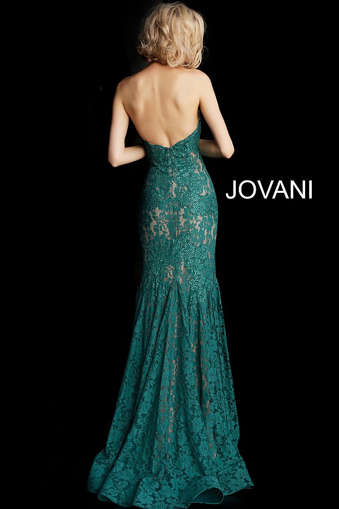 Jovani 37334 embellished lace prom dress peak point neckline Fitted Mermaid Strapless