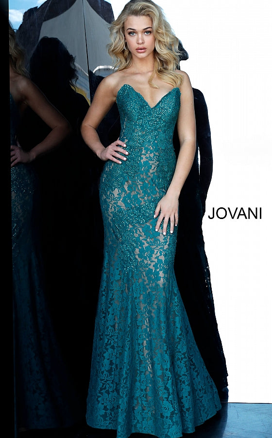 Jovani 37334 This beautiful, fitted, strapless lace dress features a sweetheart neckline. The top half of the trumpet dress is accessorized with rhinestones. Stretch nude lining with stretch lace overlay, heat set stones, form fitting, strapless. Available Sizes: 00,0,2,4,6,8,10,12,14,16,18,20,22,24  Available Colors: BLACK, BRIGHT PINK, DUSTY PINK, EMERALD, FUCHSIA, IVORY, LIGHT-BLUE, LILAC, MAUVE, NAVY, PERRIWINKLE, RED, ROYAL