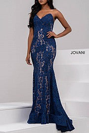 Jovani 37334 embellished lace prom dress peak point neckline Fitted Mermaid Strapless