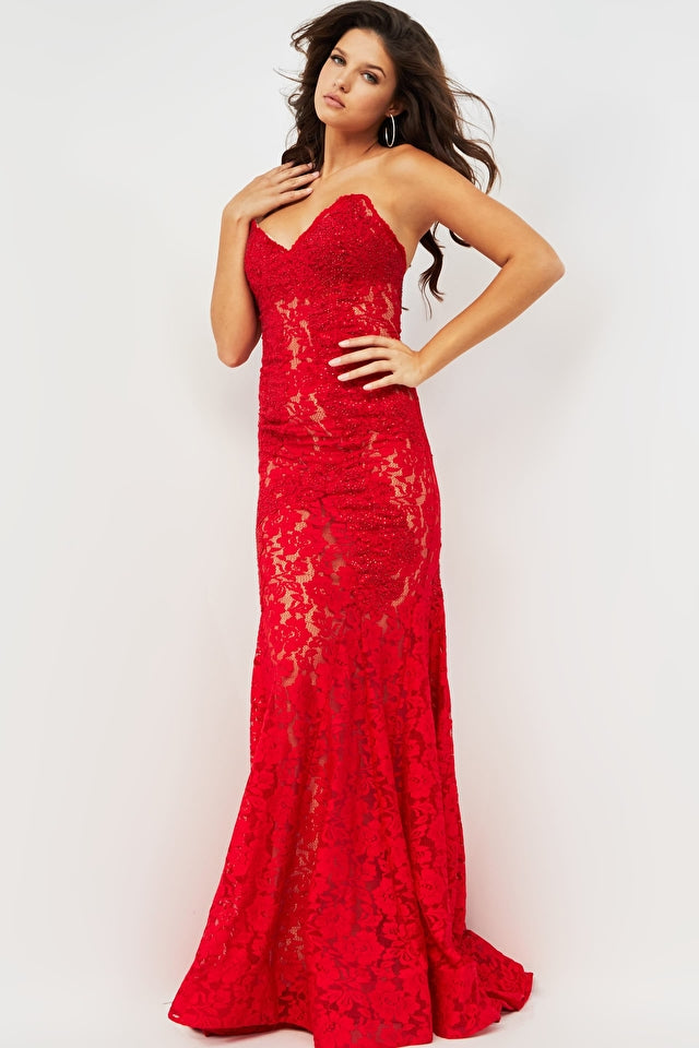 Jovani 37334 embellished lace prom dress peak point neckline Fitted Mermaid Strapless