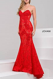 Jovani 37334 embellished lace prom dress peak point neckline Fitted Mermaid Strapless