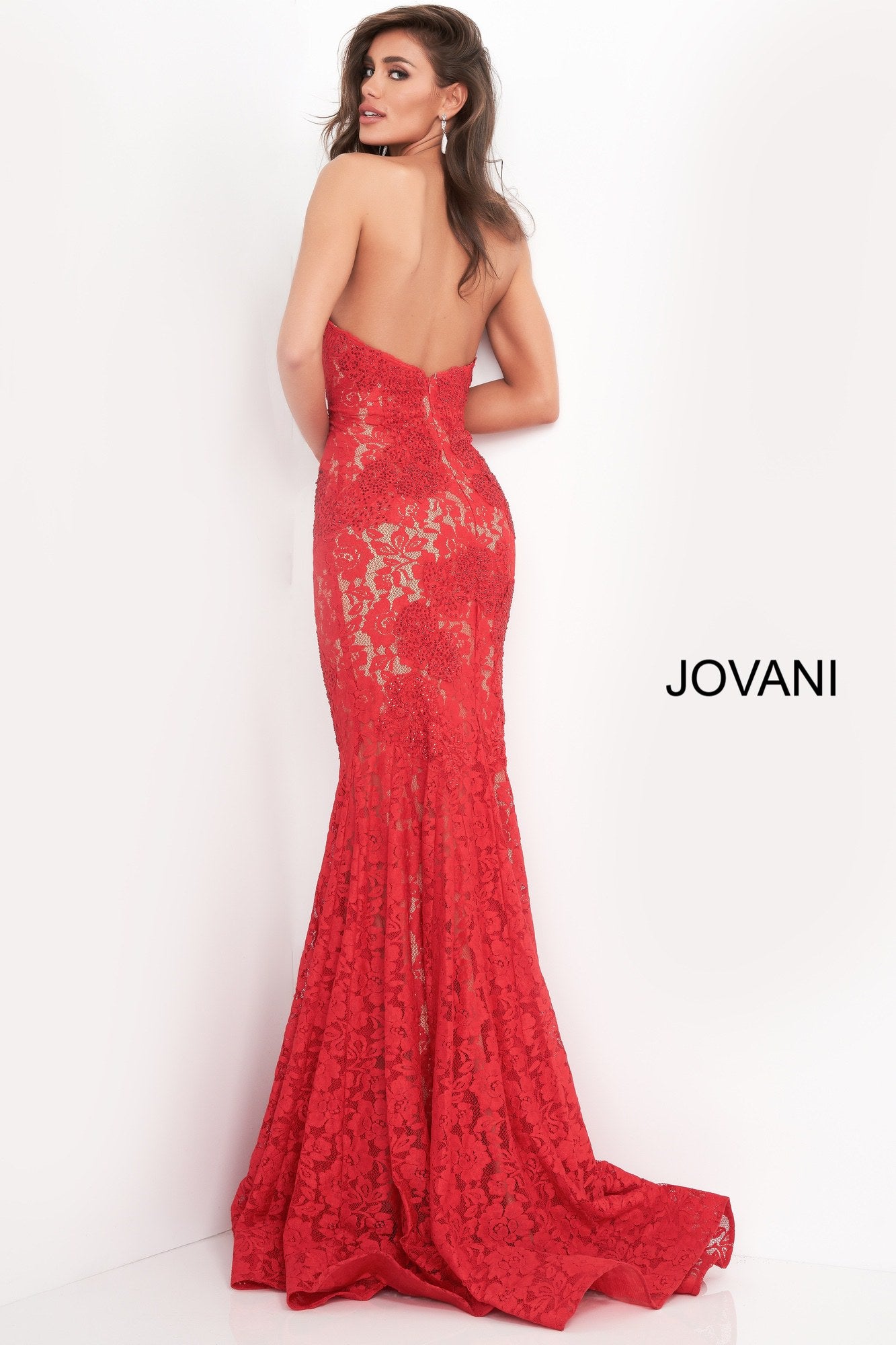 Jovani 37334 This beautiful, fitted, strapless lace dress features a sweetheart neckline. The top half of the trumpet dress is accessorized with rhinestones. Stretch nude lining with stretch lace overlay, heat set stones, form fitting, strapless. Available Sizes: 00,0,2,4,6,8,10,12,14,16,18,20,22,24  Available Colors: BLACK, BRIGHT PINK, DUSTY PINK, EMERALD, FUCHSIA, IVORY, LIGHT-BLUE, LILAC, MAUVE, NAVY, PERRIWINKLE, RED, ROYAL