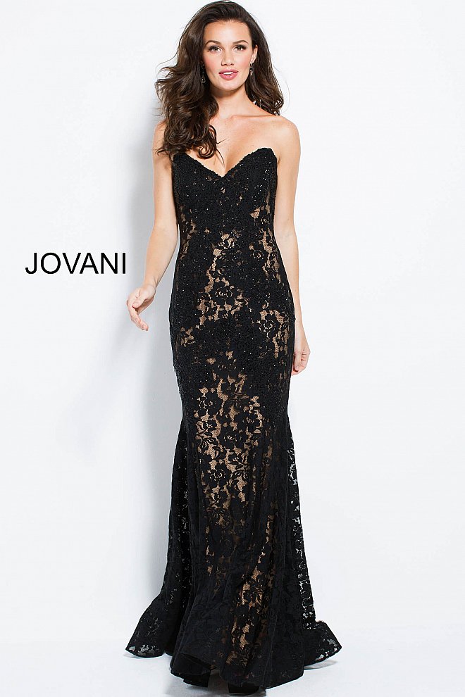 Jovani 37334 This beautiful, fitted, strapless lace dress features a sweetheart neckline. The top half of the trumpet dress is accessorized with rhinestones. Stretch nude lining with stretch lace overlay, heat set stones, form fitting, strapless. Available Sizes: 00,0,2,4,6,8,10,12,14,16,18,20,22,24  Available Colors: BLACK, BRIGHT PINK, DUSTY PINK, EMERALD, FUCHSIA, IVORY, LIGHT-BLUE, LILAC, MAUVE, NAVY, PERRIWINKLE, RED, ROYAL