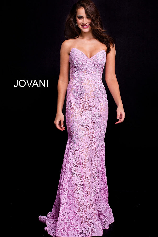 Jovani 37334 This beautiful, fitted, strapless lace dress features a sweetheart neckline. The top half of the trumpet dress is accessorized with rhinestones. Stretch nude lining with stretch lace overlay, heat set stones, form fitting, strapless. Available Sizes: 00,0,2,4,6,8,10,12,14,16,18,20,22,24  Available Colors: BLACK, BRIGHT PINK, DUSTY PINK, EMERALD, FUCHSIA, IVORY, LIGHT-BLUE, LILAC, MAUVE, NAVY, PERRIWINKLE, RED, ROYAL