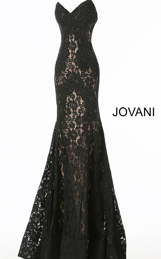 Jovani 37334 strapless embellished lace prom dress Fitted Mermaid Long peak point neckline