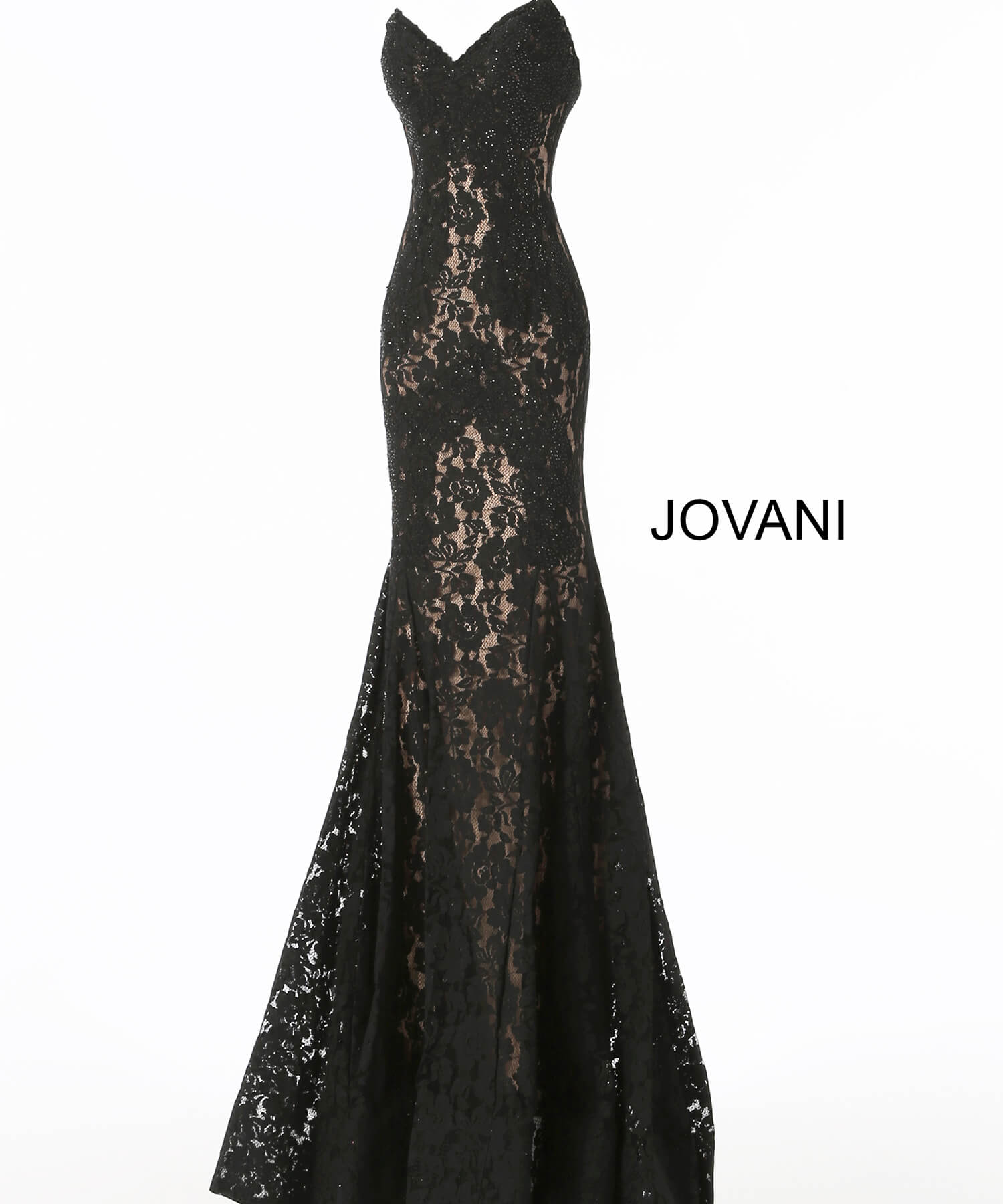 Jovani 37334 This beautiful, fitted, strapless lace dress features a sweetheart neckline. The top half of the trumpet dress is accessorized with rhinestones. Stretch nude lining with stretch lace overlay, heat set stones, form fitting, strapless. Available Sizes: 00,0,2,4,6,8,10,12,14,16,18,20,22,24  Available Colors: BLACK, BRIGHT PINK, DUSTY PINK, EMERALD, FUCHSIA, IVORY, LIGHT-BLUE, LILAC, MAUVE, NAVY, PERRIWINKLE, RED, ROYAL