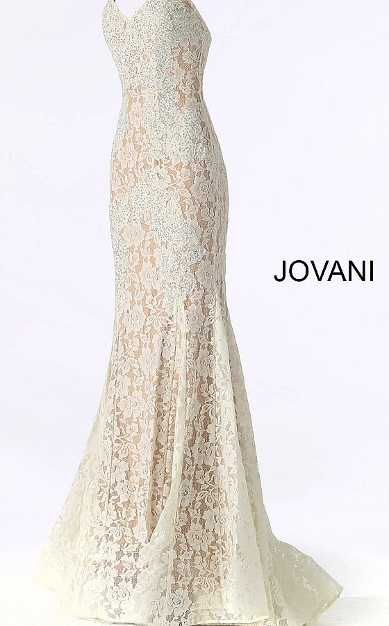 Jovani 37334 This beautiful, fitted, strapless lace dress features a sweetheart neckline. The top half of the trumpet dress is accessorized with rhinestones. Stretch nude lining with stretch lace overlay, heat set stones, form fitting, strapless. Available Sizes: 00,0,2,4,6,8,10,12,14,16,18,20,22,24  Available Colors: BLACK, BRIGHT PINK, DUSTY PINK, EMERALD, FUCHSIA, IVORY, LIGHT-BLUE, LILAC, MAUVE, NAVY, PERRIWINKLE, RED, ROYAL