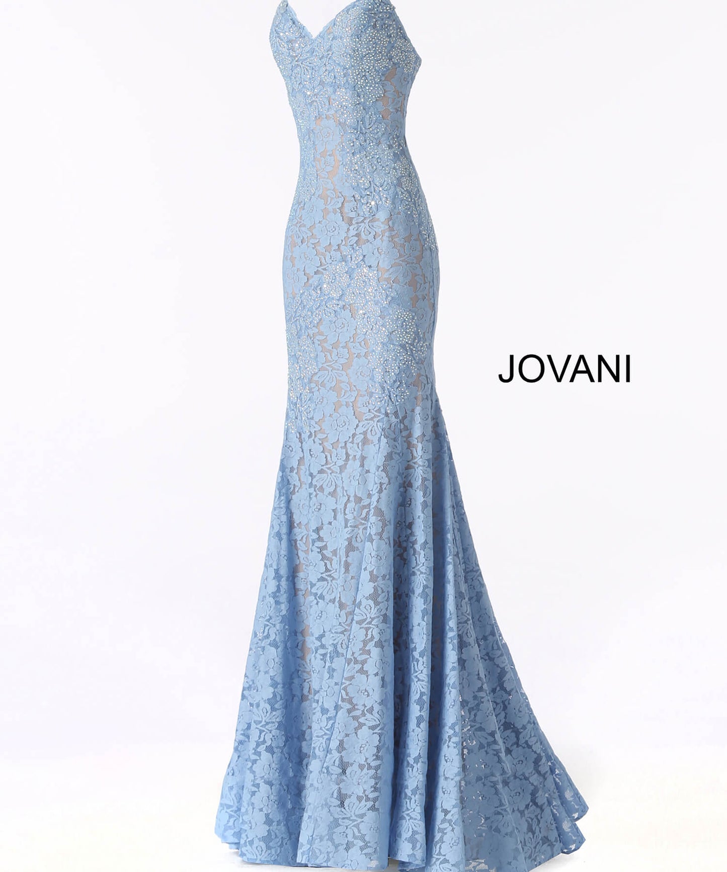 Jovani 37334 This beautiful, fitted, strapless lace dress features a sweetheart neckline. The top half of the trumpet dress is accessorized with rhinestones. Stretch nude lining with stretch lace overlay, heat set stones, form fitting, strapless. Available Sizes: 00,0,2,4,6,8,10,12,14,16,18,20,22,24  Available Colors: BLACK, BRIGHT PINK, DUSTY PINK, EMERALD, FUCHSIA, IVORY, LIGHT-BLUE, LILAC, MAUVE, NAVY, PERRIWINKLE, RED, ROYAL