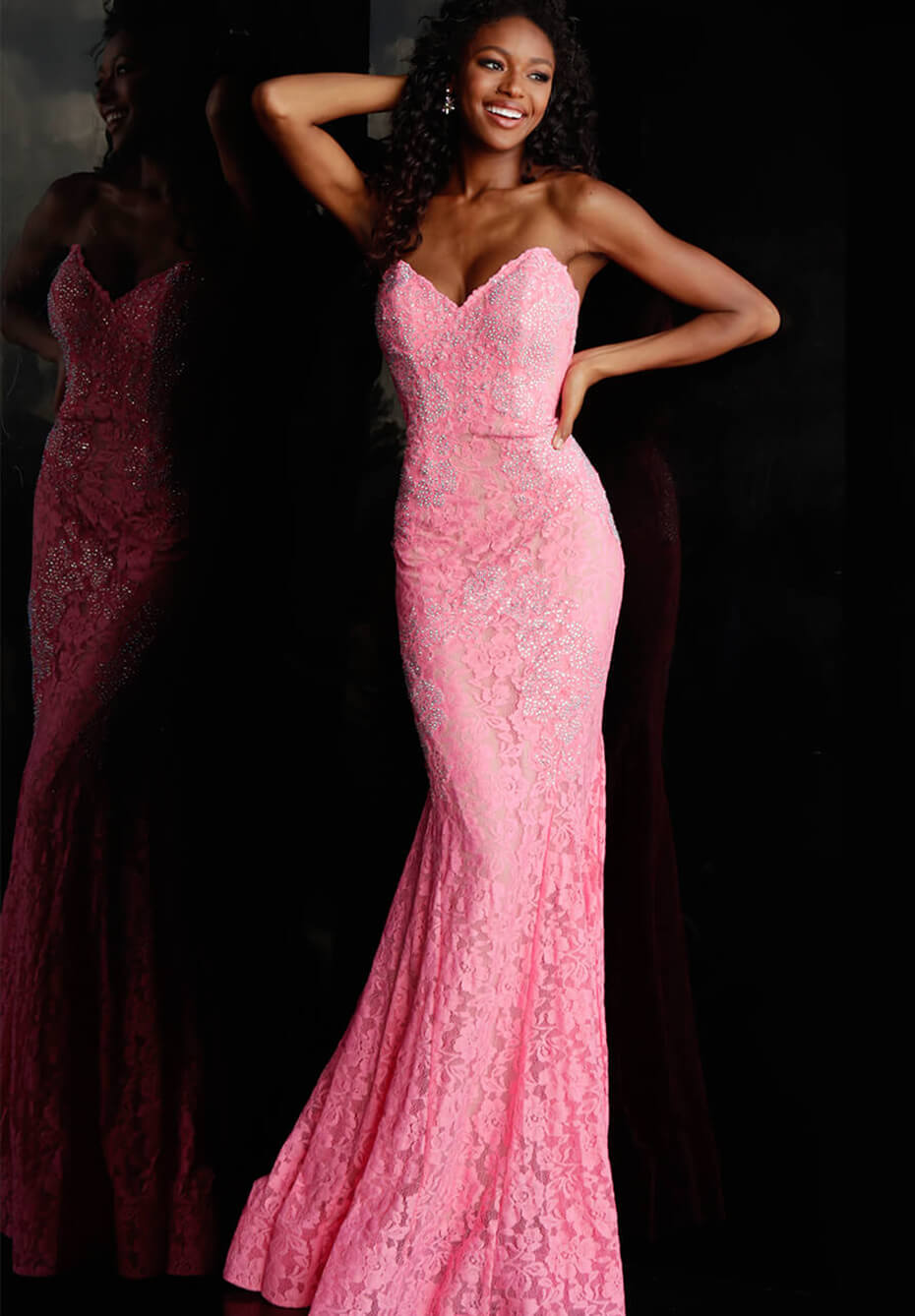 Jovani 37334 This beautiful, fitted, strapless lace dress features a sweetheart neckline. The top half of the trumpet dress is accessorized with rhinestones. Stretch nude lining with stretch lace overlay, heat set stones, form fitting, strapless. Available Sizes: 00,0,2,4,6,8,10,12,14,16,18,20,22,24  Available Colors: BLACK, BRIGHT PINK, DUSTY PINK, EMERALD, FUCHSIA, IVORY, LIGHT-BLUE, LILAC, MAUVE, NAVY, PERRIWINKLE, RED, ROYAL