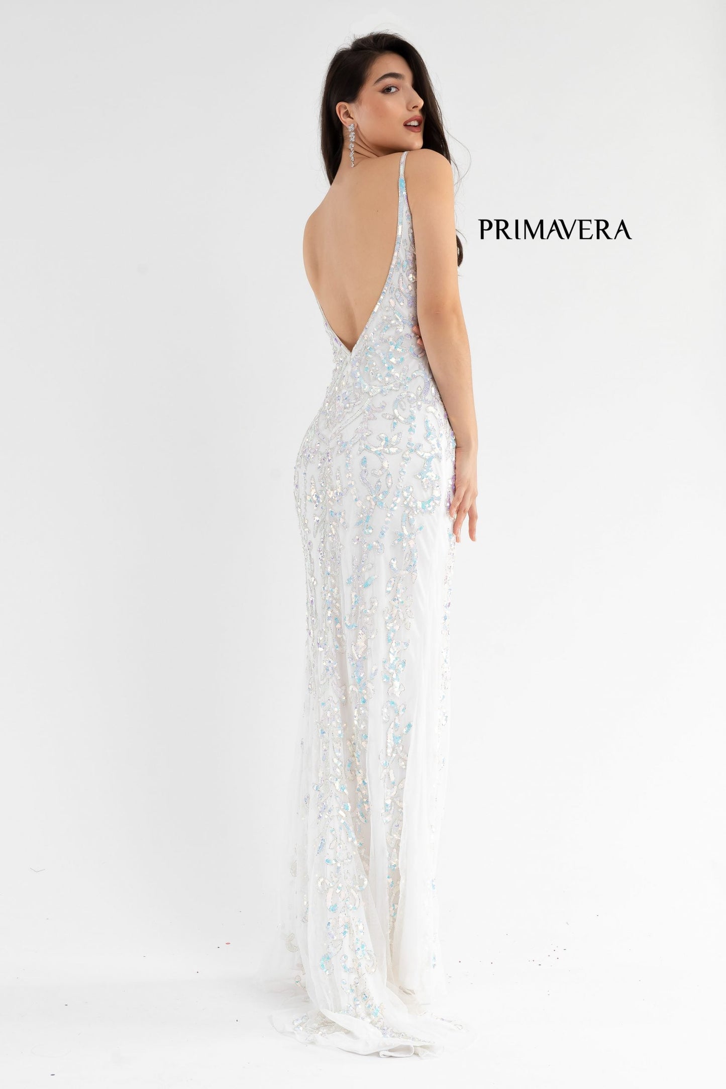 Primavera Couture 3749 Size 0 Ivory Sequined Prom Dress V Neckline Sweeping Train Evening Gown