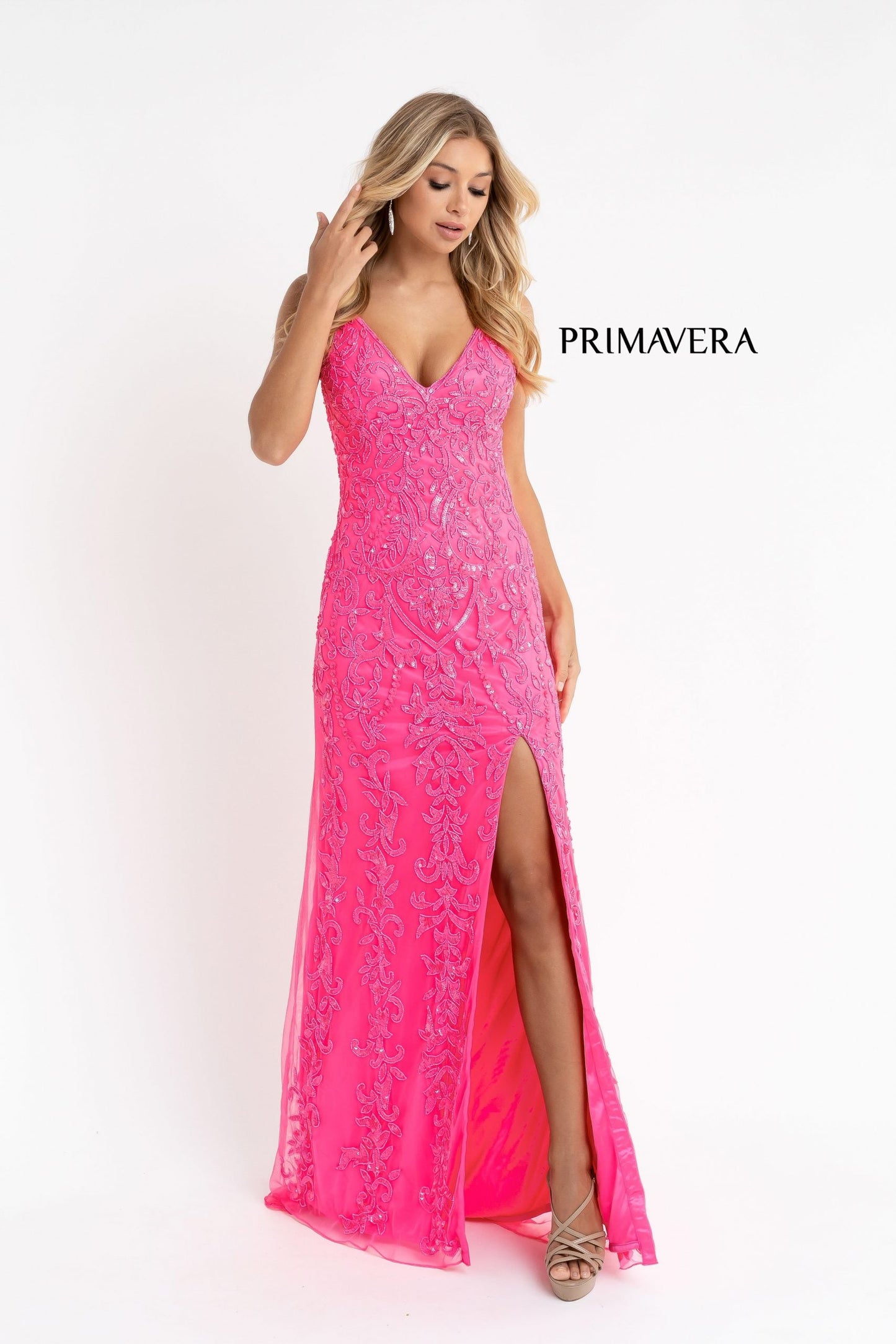 Primavera Couture 3749 Size 0 Ivory Sequined Prom Dress V Neckline Sweeping Train Evening Gown