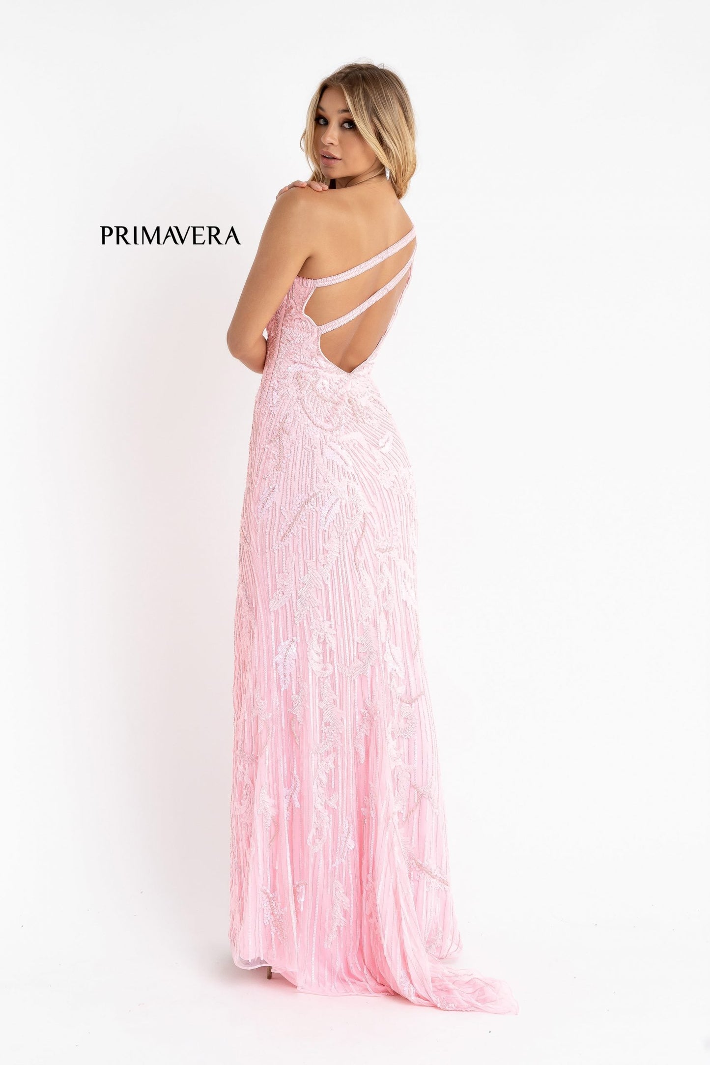 Primavera Couture 3759 Size 2 Pink One Long Sleeve Prom Dress Sequined Evening Gown Slit