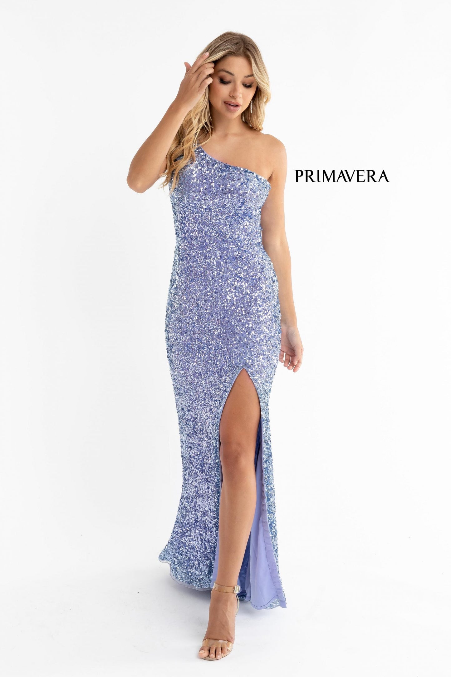 Primavera Couture 3761 Size 2, 4 One Shoulder Prom Dress Sequin Double Strap Back Slit Train Bright Blue