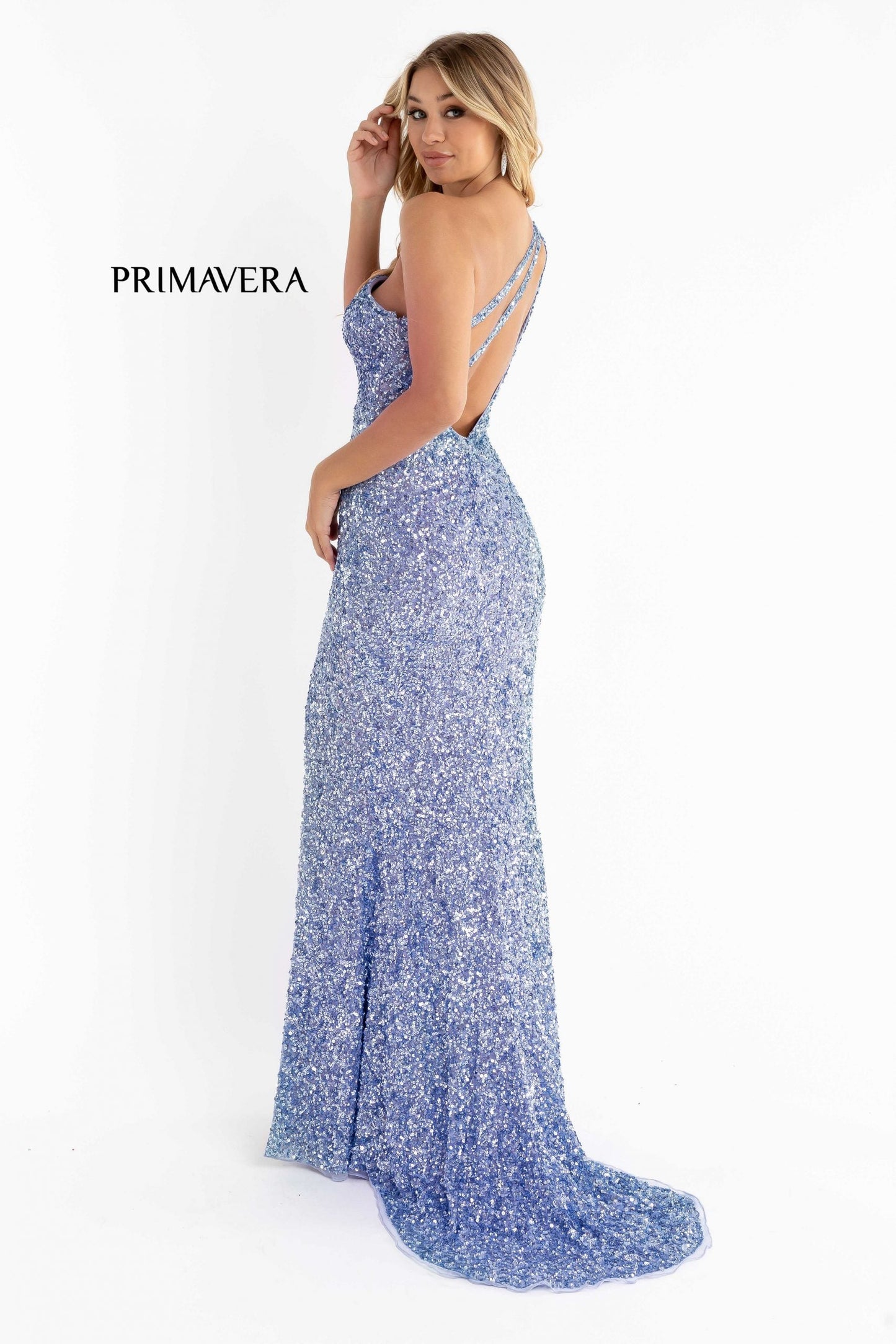 Primavera Couture 3761 Size 2, 4 One Shoulder Prom Dress Sequin Double Strap Back Slit Train Bright Blue