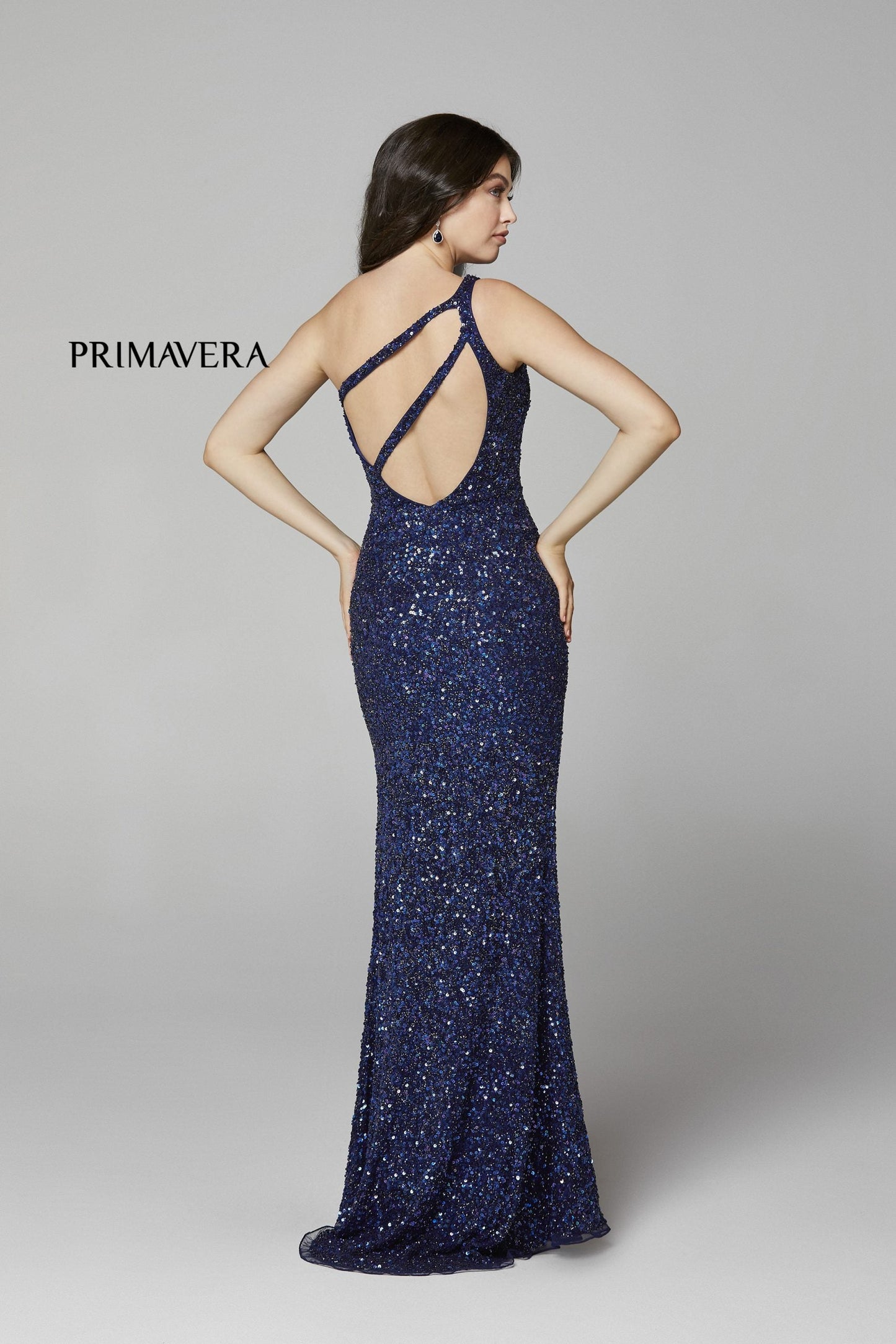 Primavera Couture 3761 Size 2, 4 One Shoulder Prom Dress Sequin Double Strap Back Slit Train Bright Blue