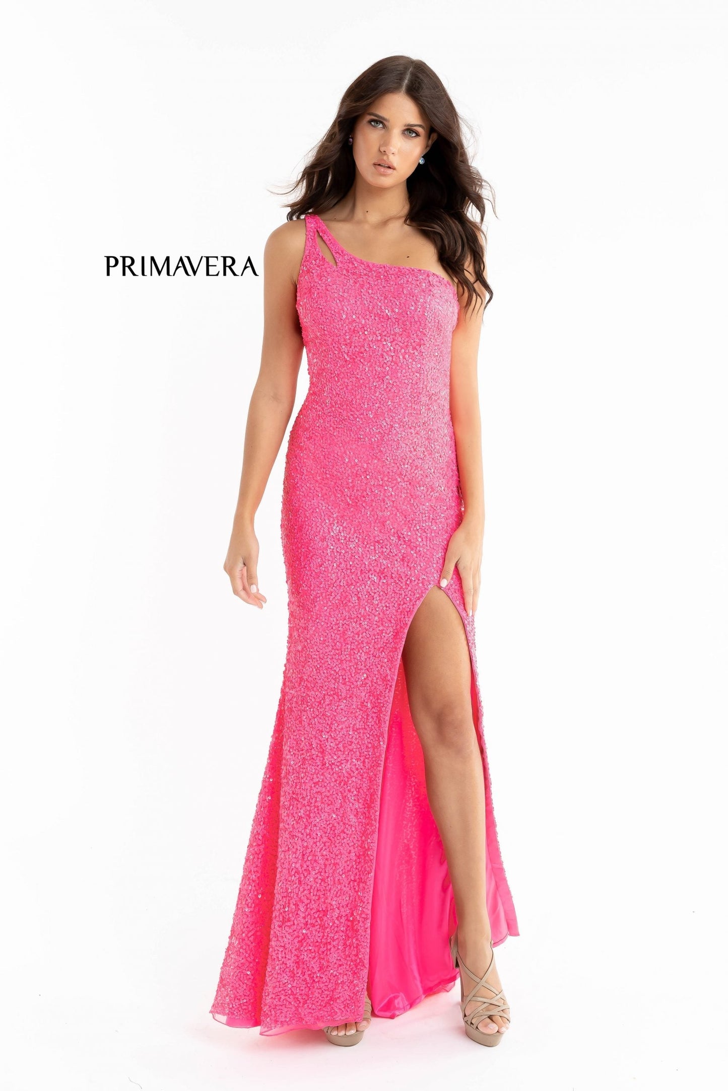 Primavera Couture 3761 Size 0 Pink One Shoulder Prom Dress Pink Sequin Double Strap Back Slit Train