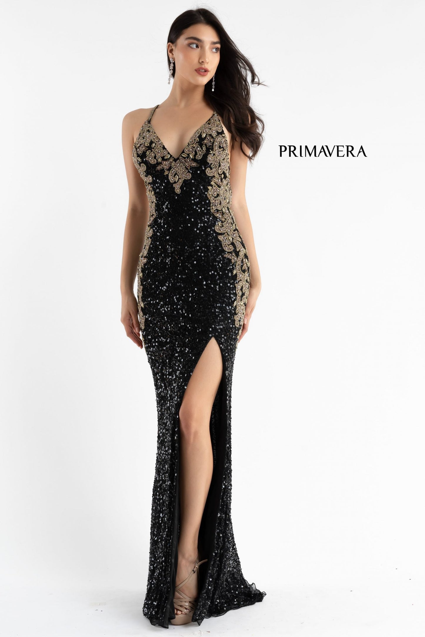 Primavera Couture 3765 Size 12 Sequined Prom Dress with Bead Trimmed V Neckline Slit Train