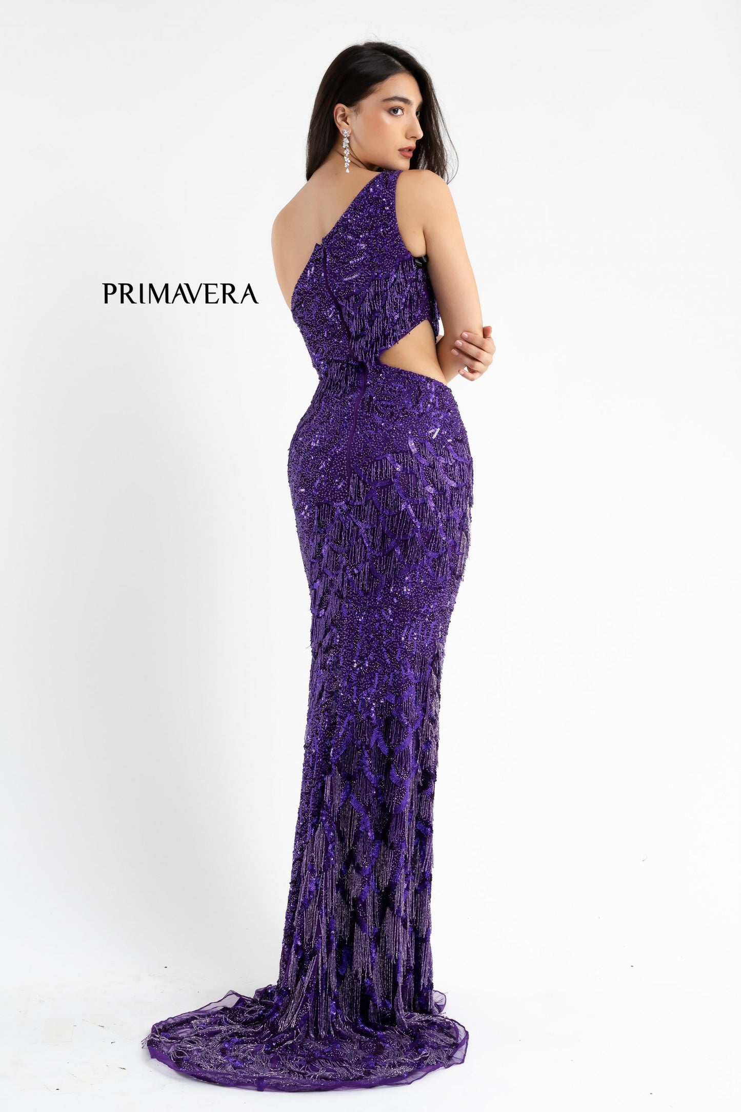 Primavera Couture 3766 One Shoulder Fringe Prom Dress Pageant Gown Cutout Side