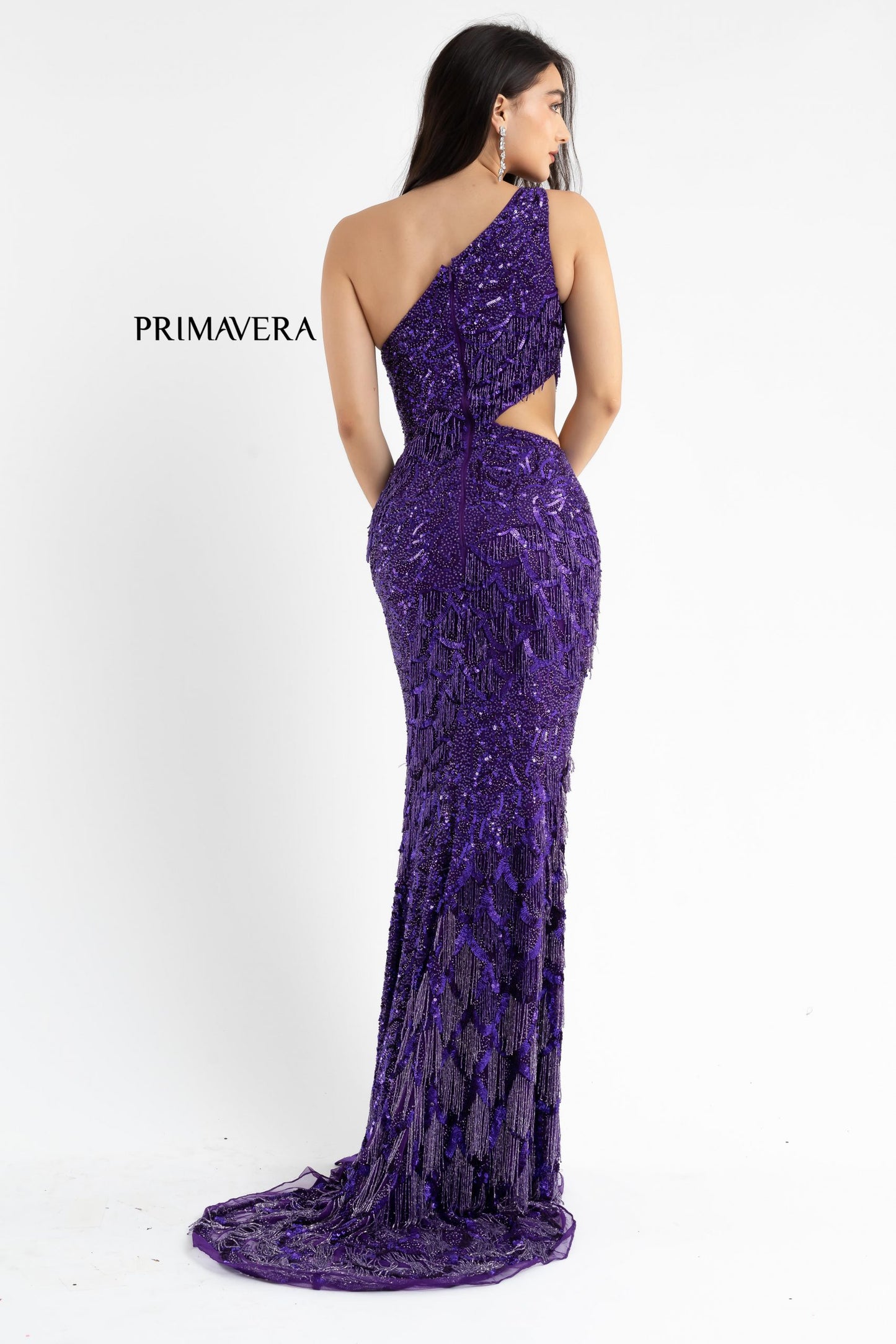 Primavera Couture 3766 One Shoulder Fringe Prom Dress Pageant Gown Cutout Side