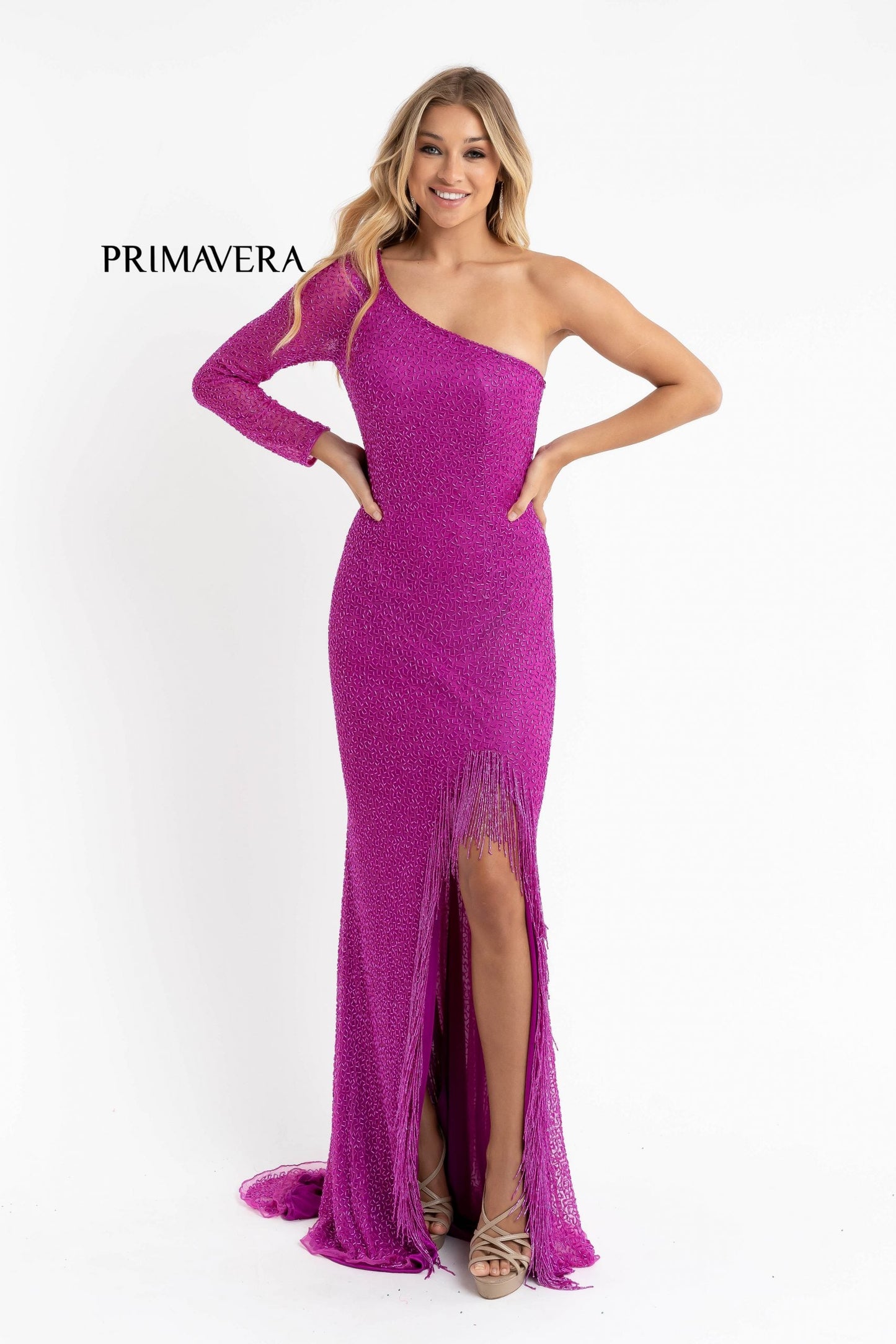 Primavera Couture 3773 Size 2 Beaded One Long Sleeve Prom Dress Evening Gown Fringe Open Slit