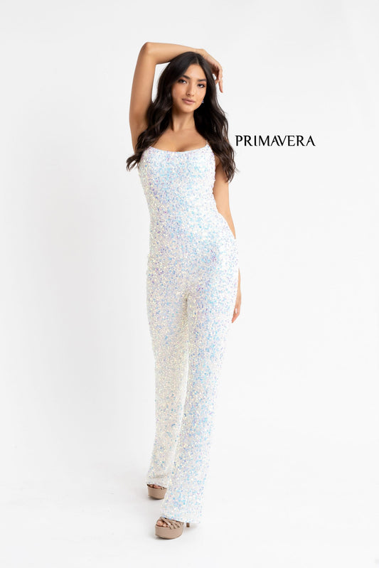 Primavera Couture 3774 Size 2, 6, 10 Ivory Sequin Jumpsuit Scoop Neckline Lace Up Tie Back Straight Legs