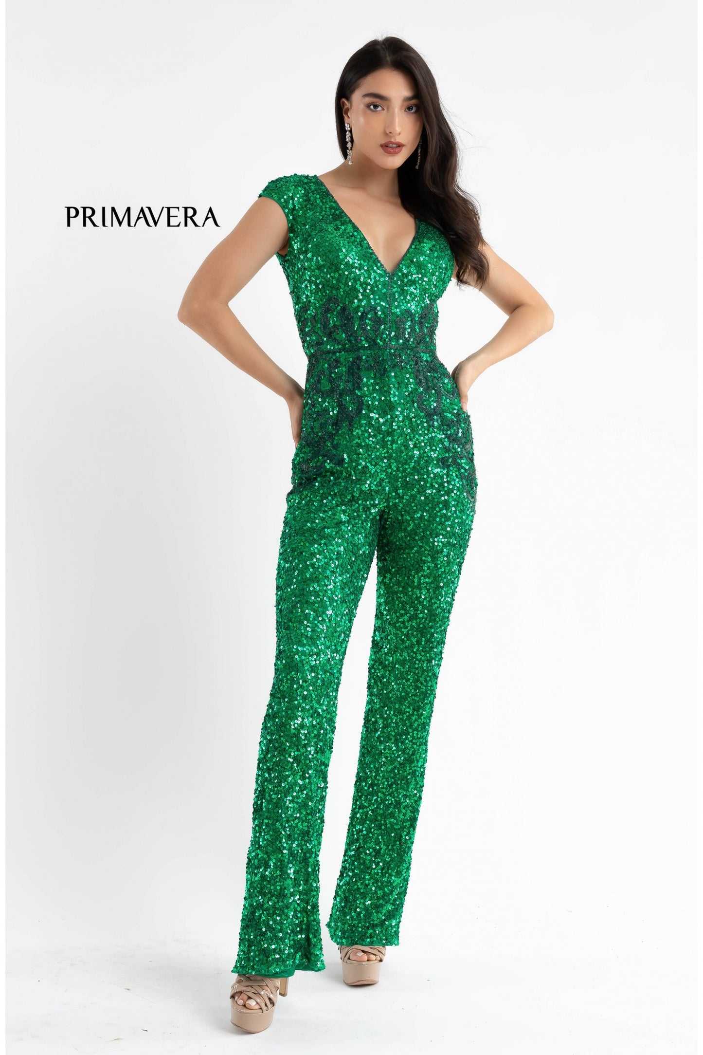 Primavera Couture 3775 Size 2, 6 Red Sequined Jumpsuit Beaded Waist and Hips Cap Sleeves