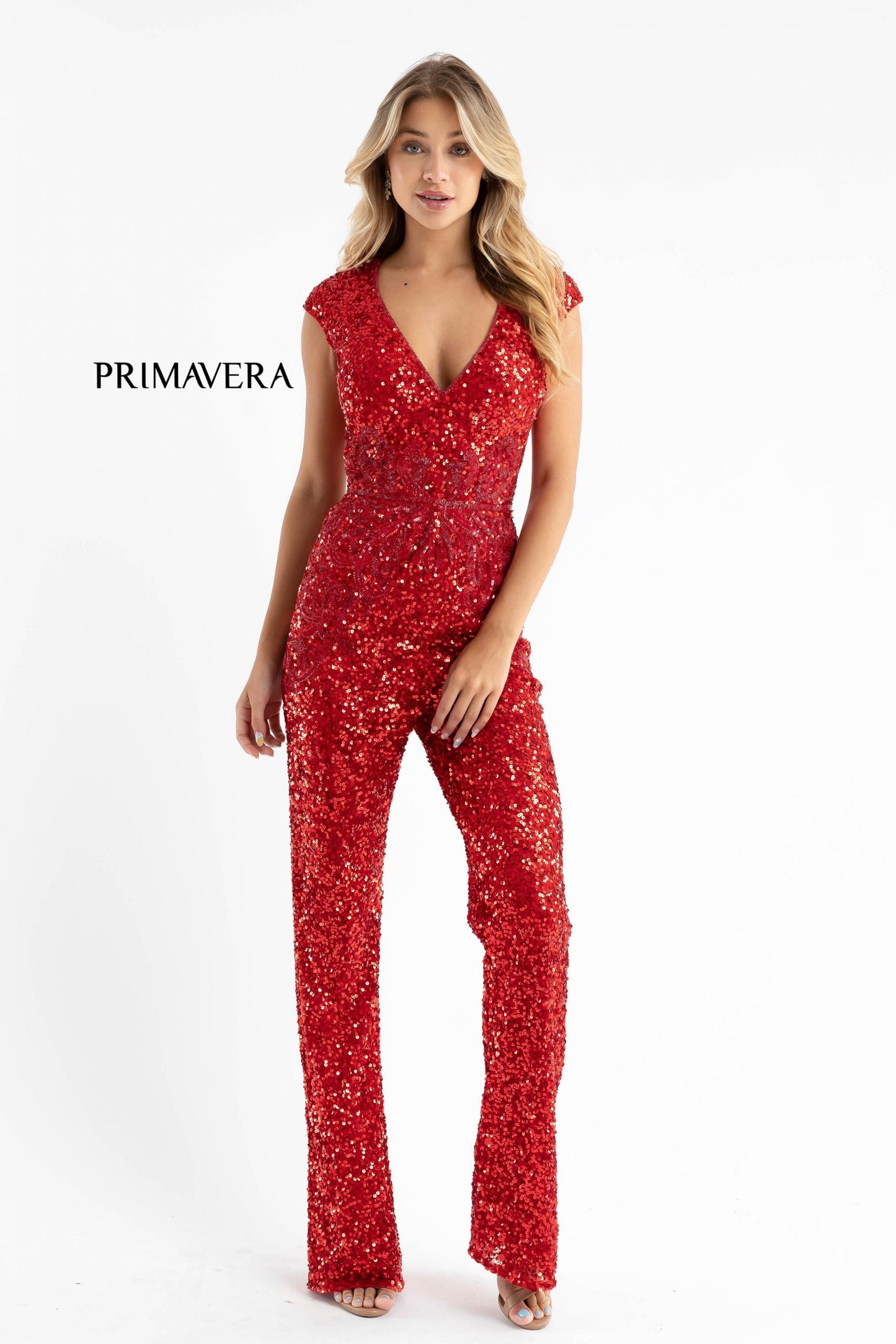 Primavera Couture 3775 Size 00 Royal Blue Sequined Jumpsuit Beaded Waist and Hips Cap Sleeves