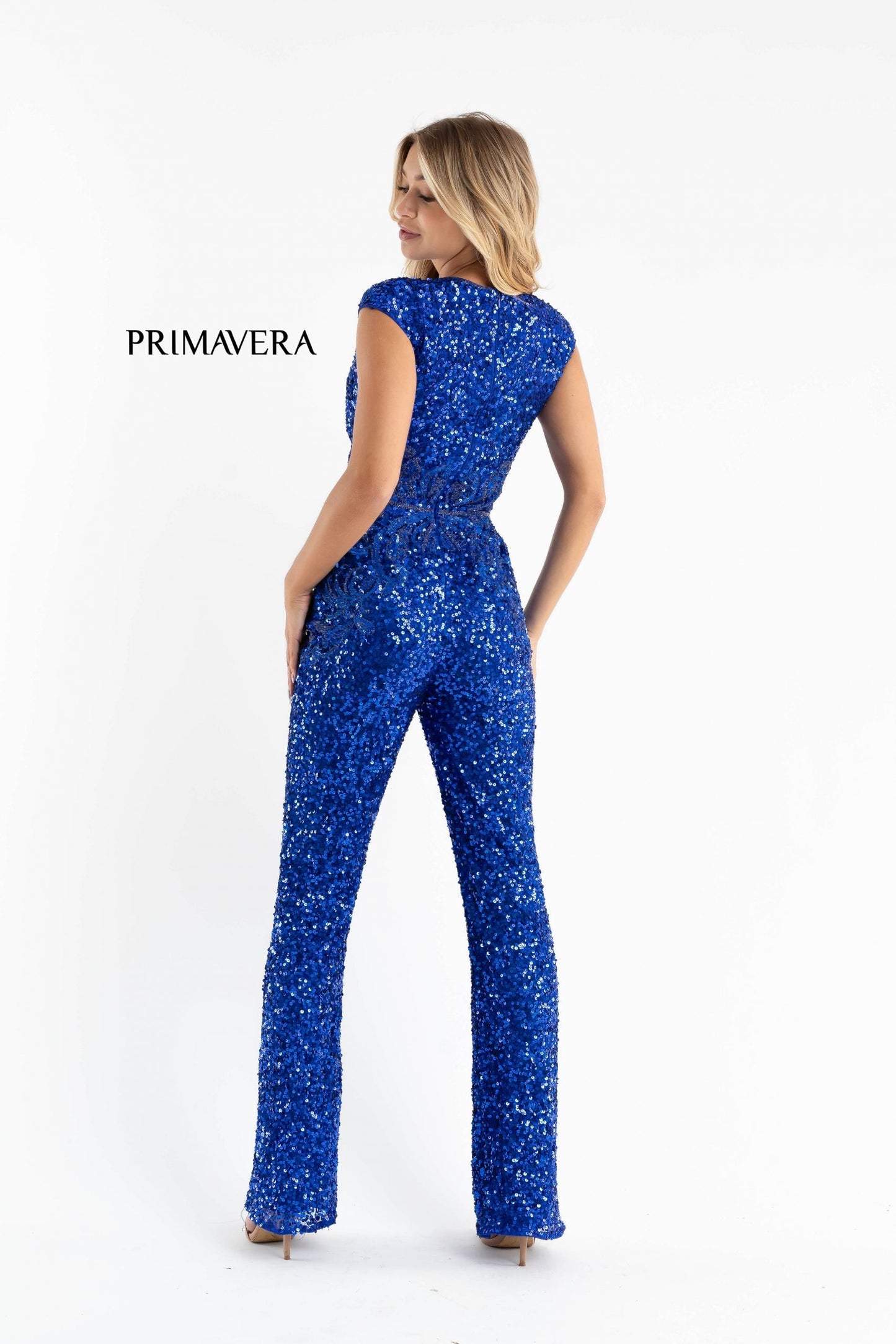 Primavera Couture 3775 Size 2, 6 Red Sequined Jumpsuit Beaded Waist and Hips Cap Sleeves