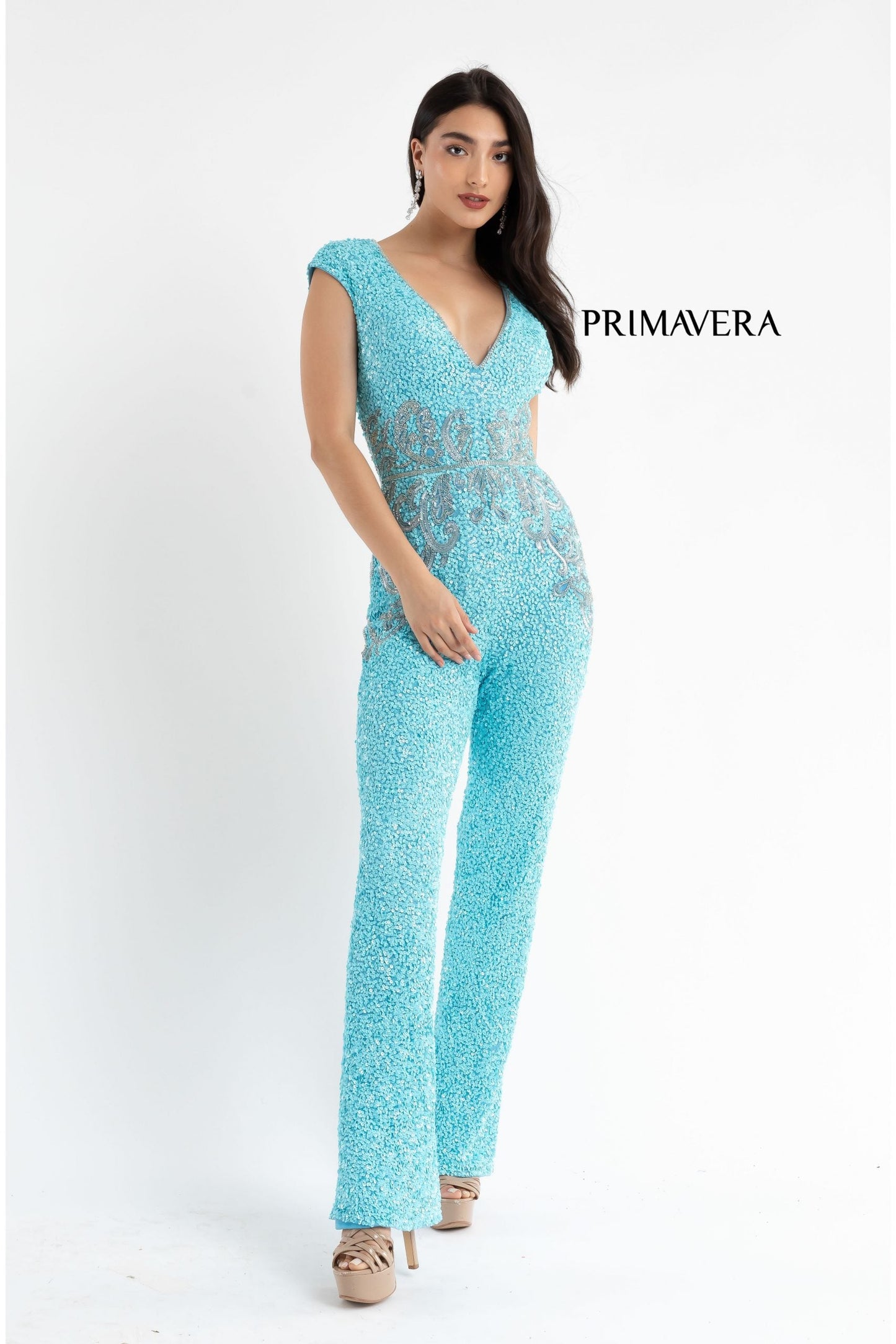 Primavera Couture 3775 Size 2, 6 Red Sequined Jumpsuit Beaded Waist and Hips Cap Sleeves