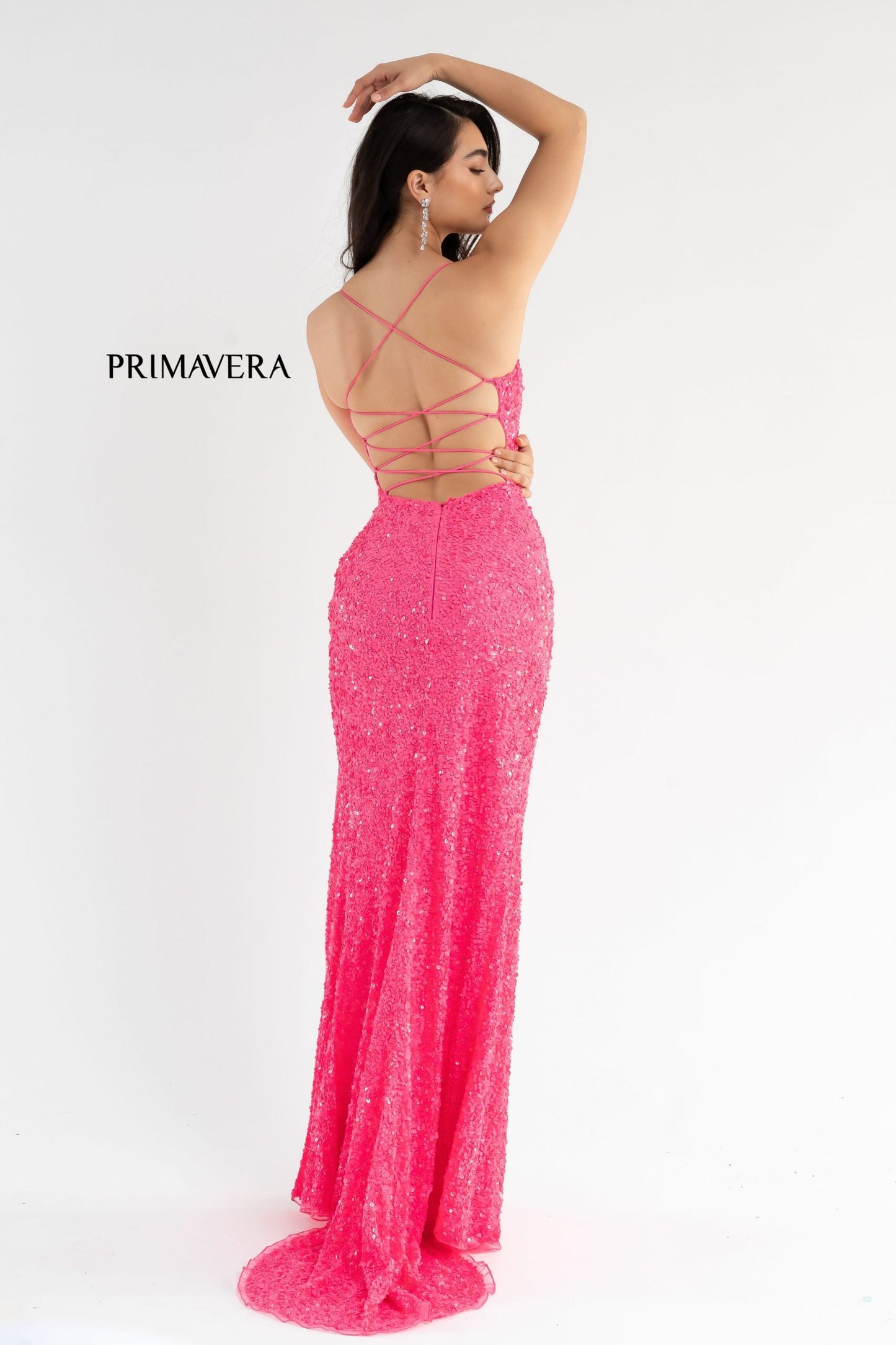 Primavera Couture 3791 Size 6 Mint Prom Dress V Neckline Sequins Lace Up Tie Back Side Slit