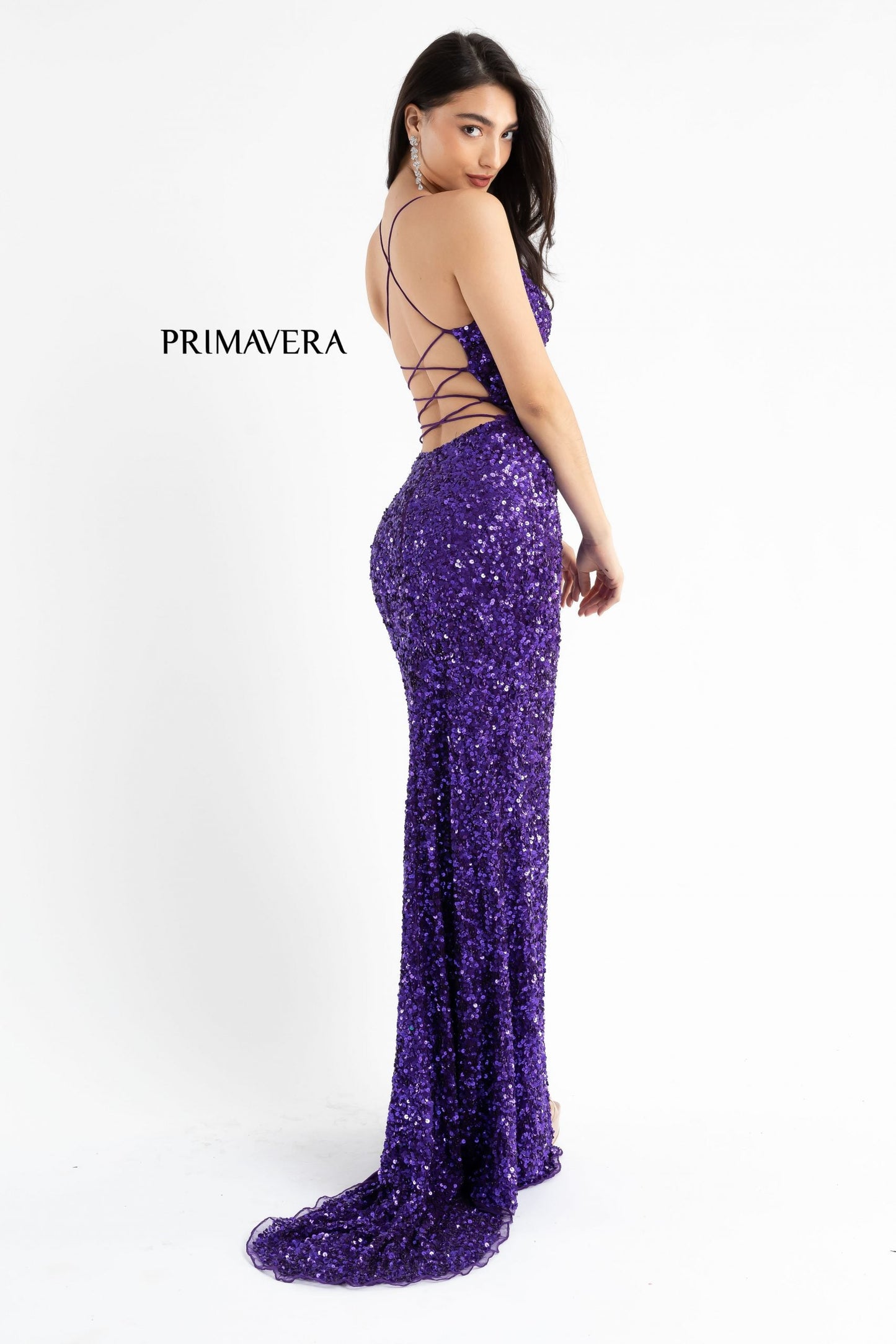 Primavera Couture 3791 Prom Dress size 10 Perriwinkle V Neckline Sequins Lace Up Tie Back Side Slit