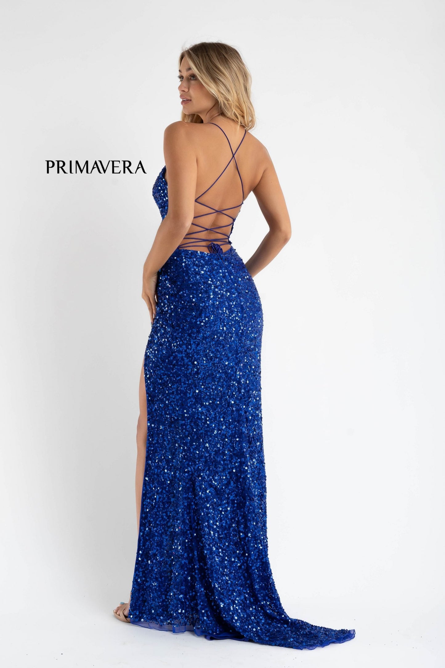 Primavera Couture 3791 Size 10 Bright Blue Prom Dress V Neckline Sequins Lace Up Tie Back Side Slit