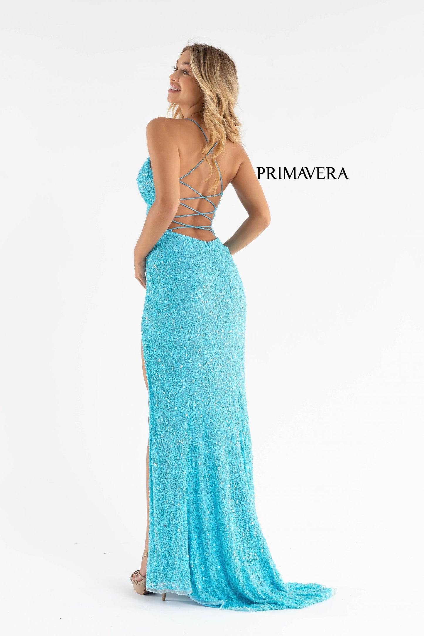 Primavera Couture 3791 Sizes 2, 8 Emerald Prom Dress V Neckline Sequins Lace Up Tie Back Side Slit