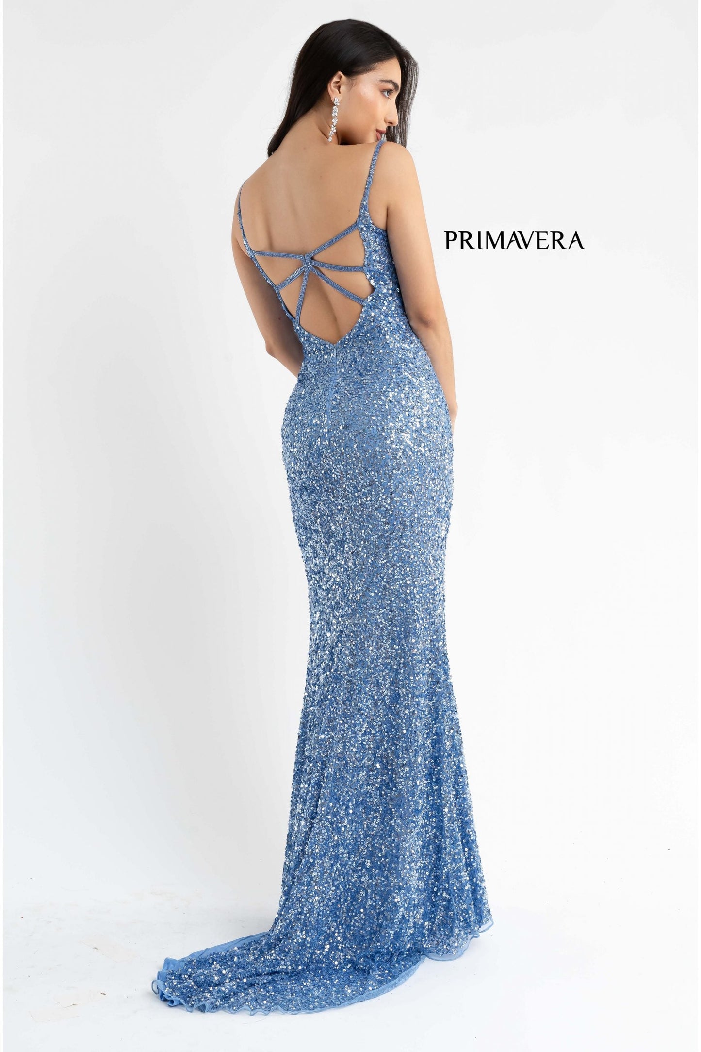 Primavera Couture 3792 Size 0, 12 Turquoise Sequin Prom Dress V Neckline Strappy Open Back Side Slit Train