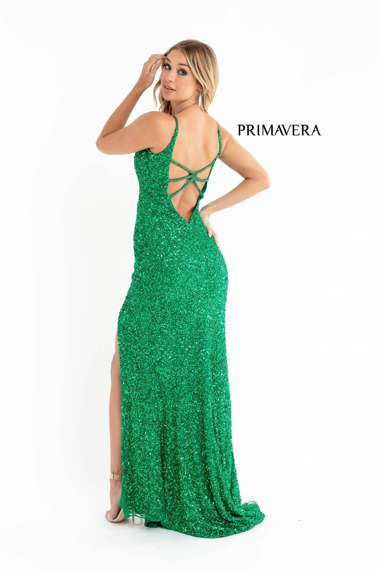 Primavera Couture 3792 Size 0, 12 Turquoise Sequin Prom Dress V Neckline Strappy Open Back Side Slit Train