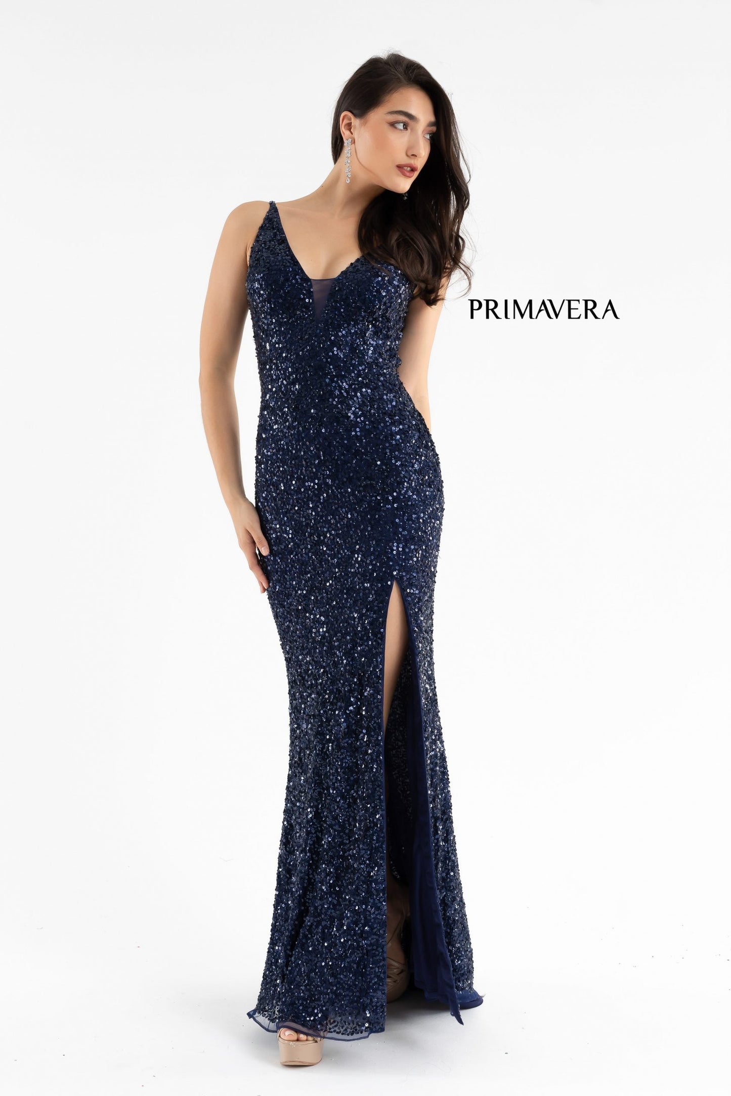 Primavera Couture 3792 Size Ivory Sequin Prom Dress V Neckline Strappy Open Back Side Slit Train