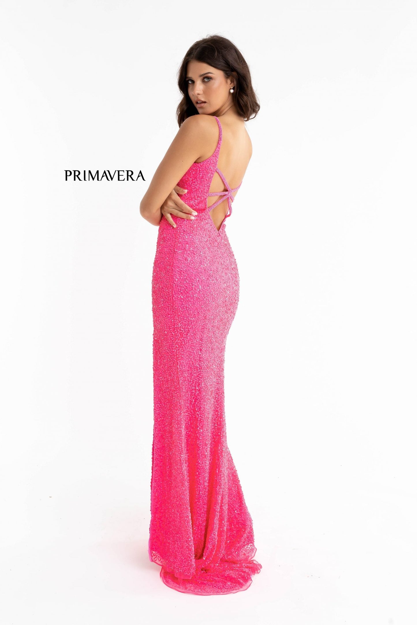 Primavera Couture 3792 Size Ivory Sequin Prom Dress V Neckline Strappy Open Back Side Slit Train