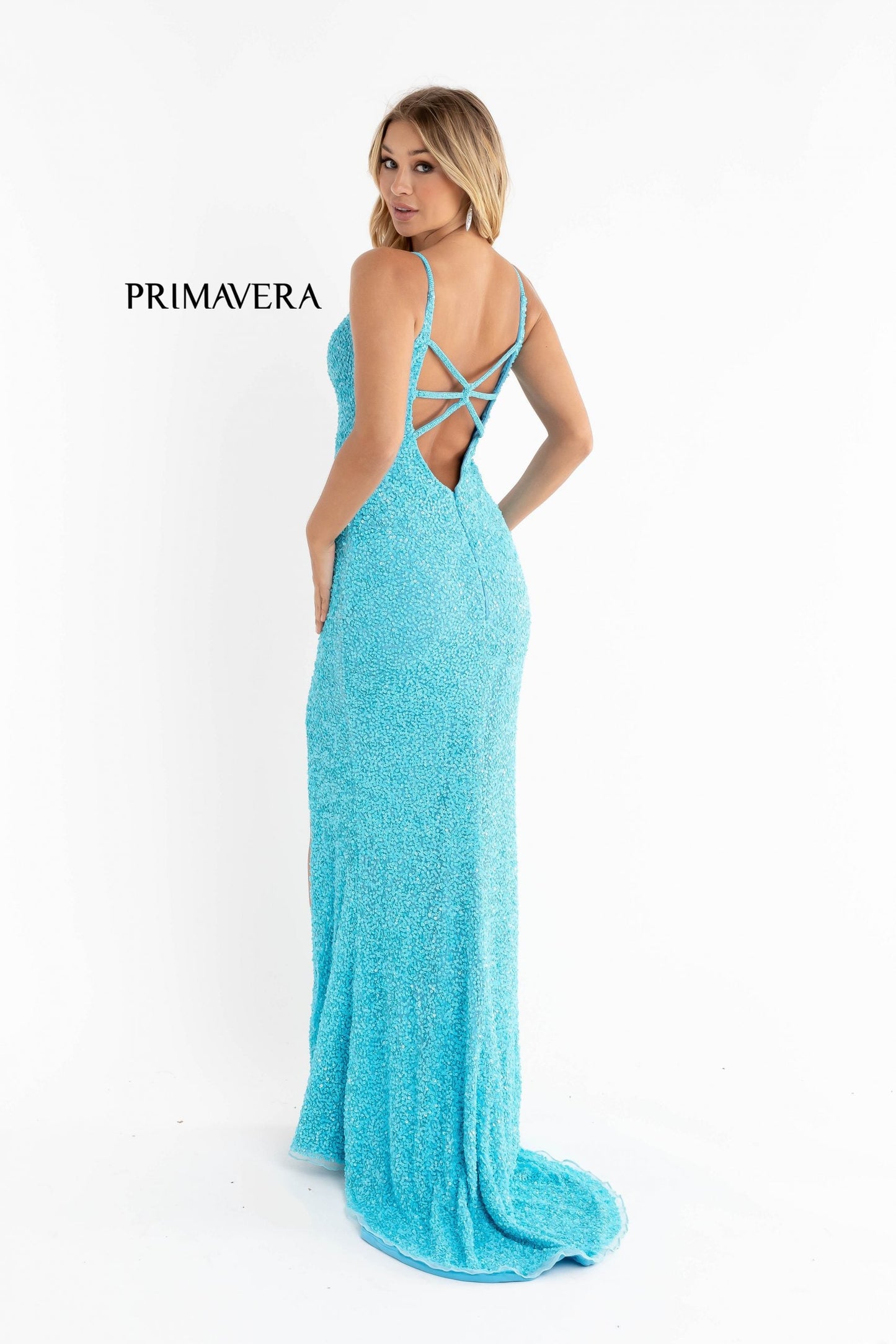 Primavera Couture 3792 Size 0, 12 Turquoise Sequin Prom Dress V Neckline Strappy Open Back Side Slit Train