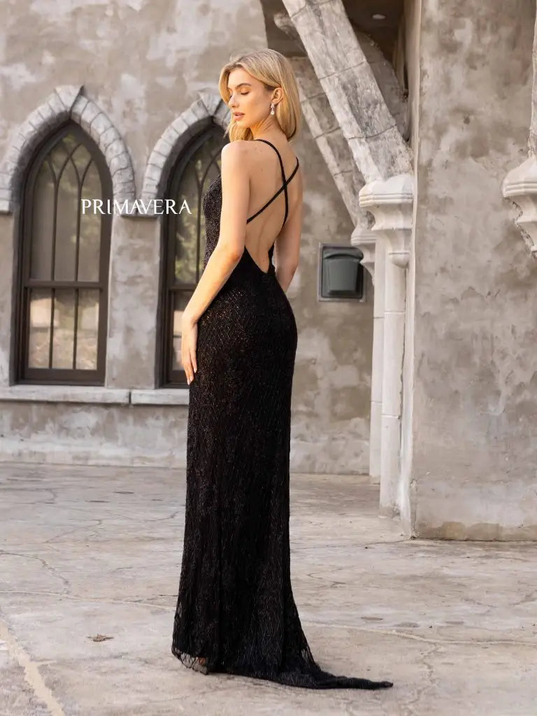 Primavera Couture 3907 Long Beaded Lace Backless Prom Dress V neck formal Evening Gown slit  Sizes: 000,00,0,2,4,6,8,10,12,14,16,18,20,22,24  Colors: Black, Ivory, Powder Blue, Royal Blue