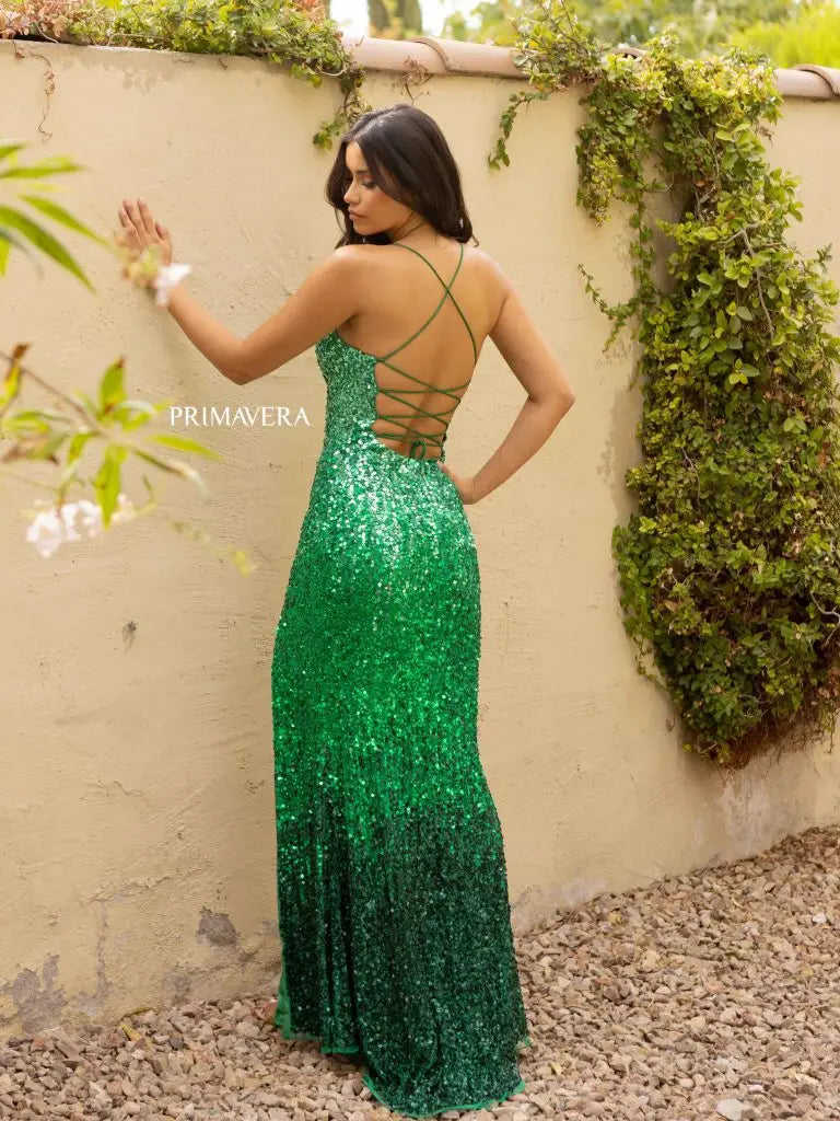 primavera Couture 3916 Long Fitted Sequin Ombre Prom Dress Backless Corset Slit Formal Gown  Sizes: 000-24  Colors: Blue, Pink, Emerald, Mint, Lavender